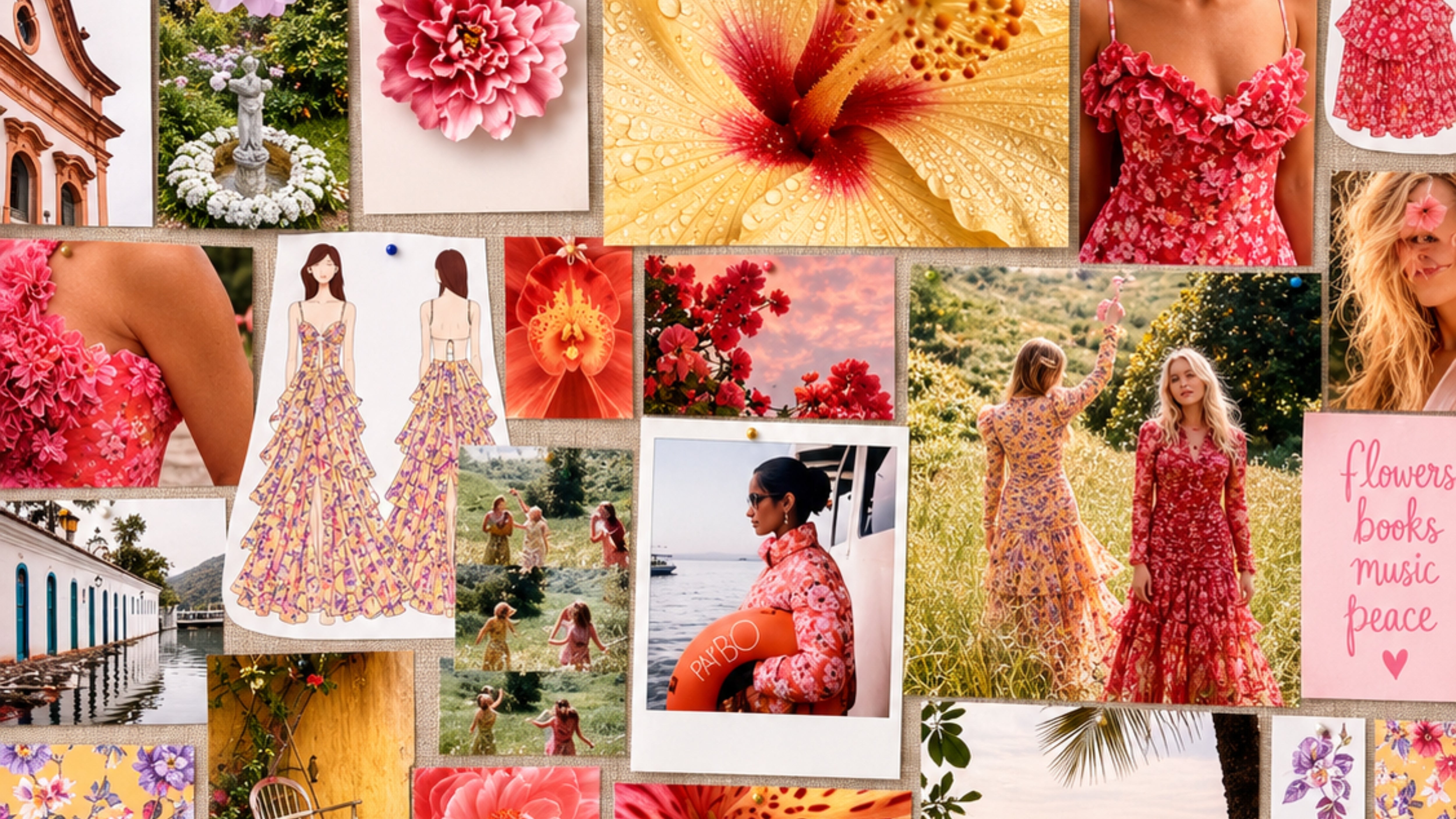 Moodboard Patbo com vestidos florais, flores tropicais e modelos usando estampas da coleção