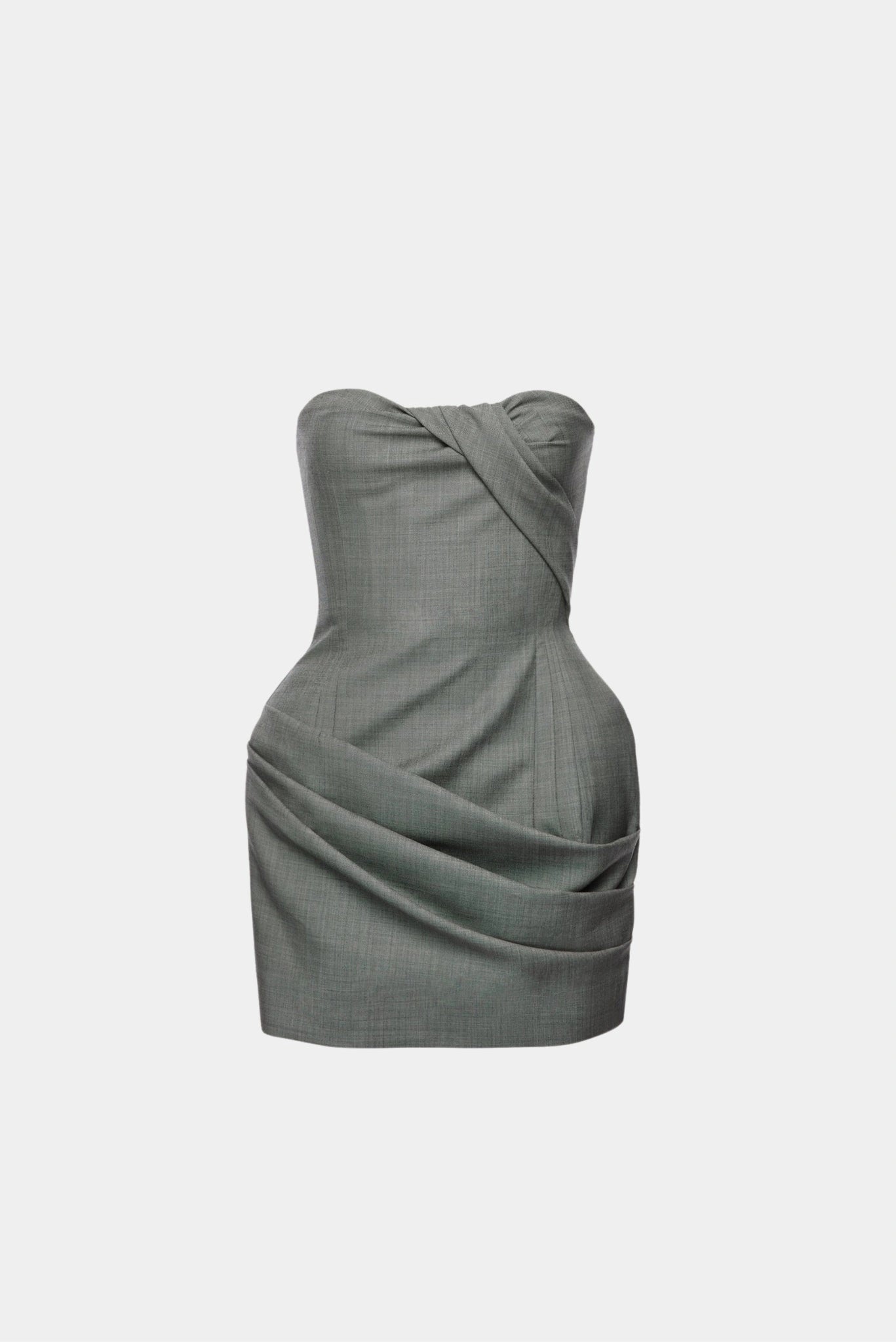Vestido mini cinza da Magda Butrym com corset ajustado, decote sem alças e detalhe drapeado lateral