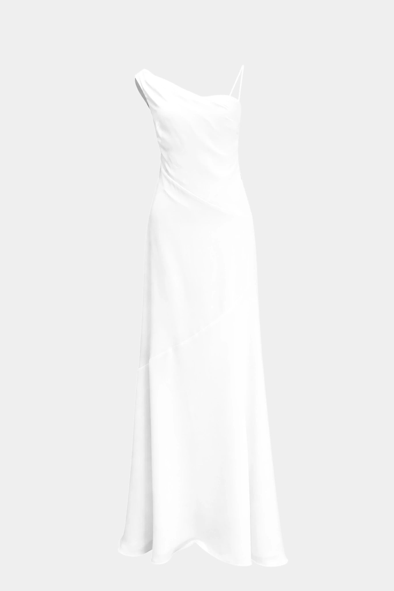 Vestido de festa longo Angel MR off white com alça única, recortes diagonais e modelagem elegante
