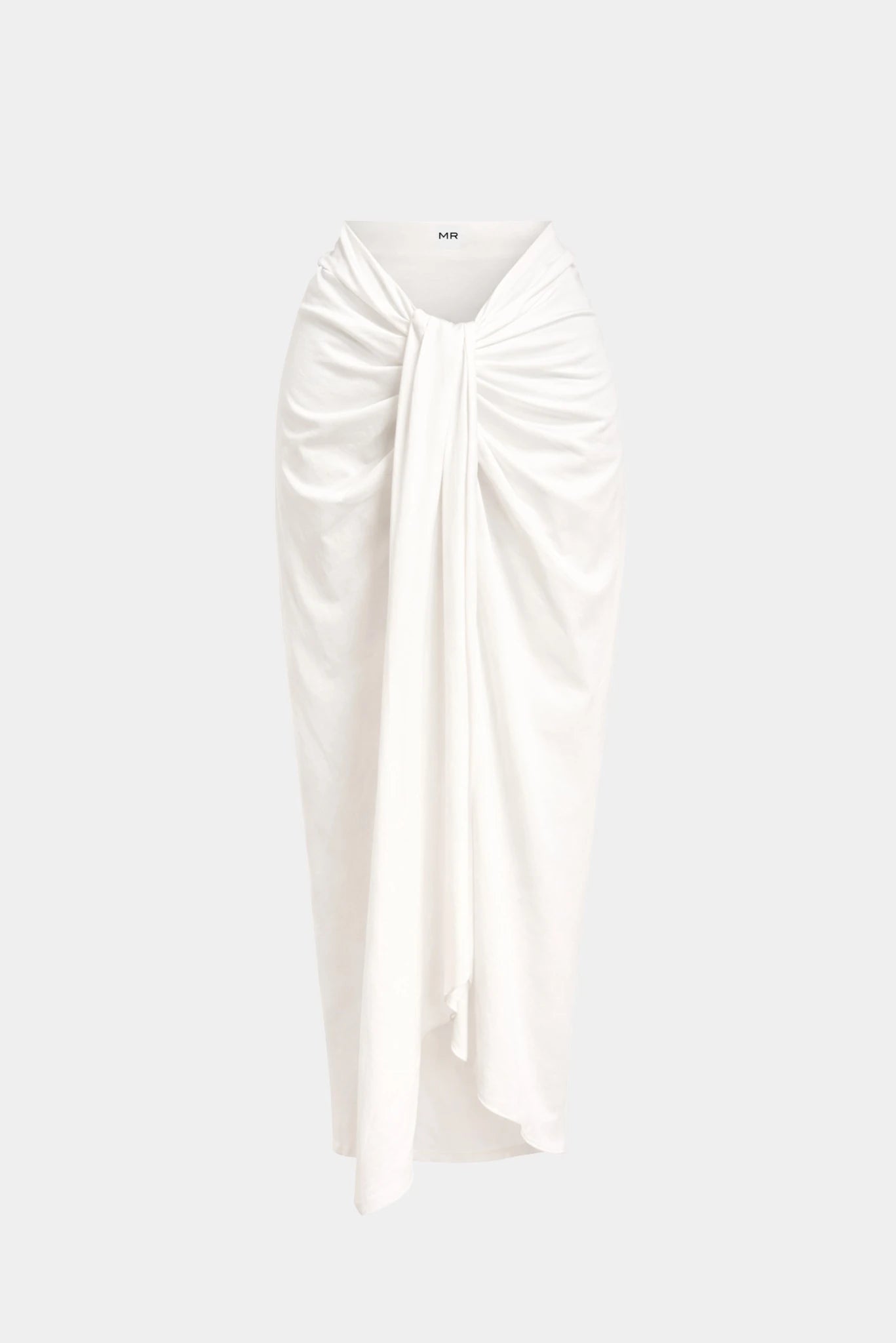 Saia midi drapeada Vitória MR off white com amarração frontal e caimento fluido