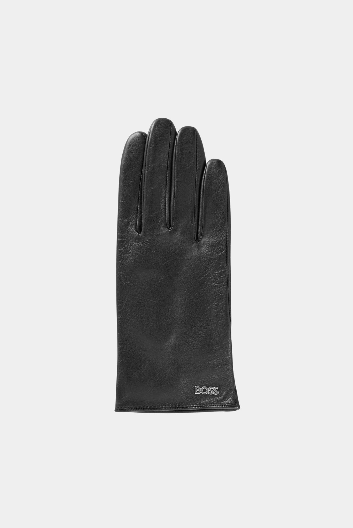 Luva feminina Hugo Boss em couro preto com design minimalista e logo metálico