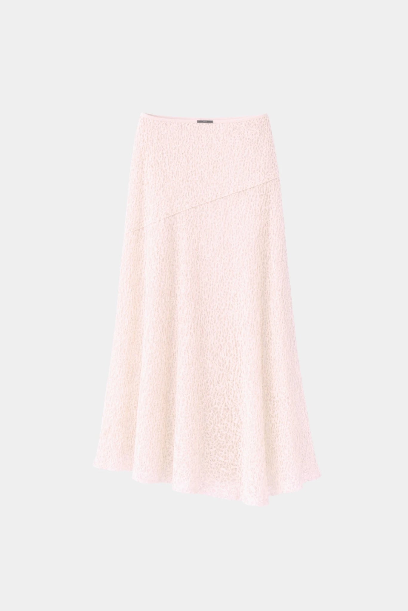 Saia longa em renda rosa claro com modelagem ampla e textura delicada