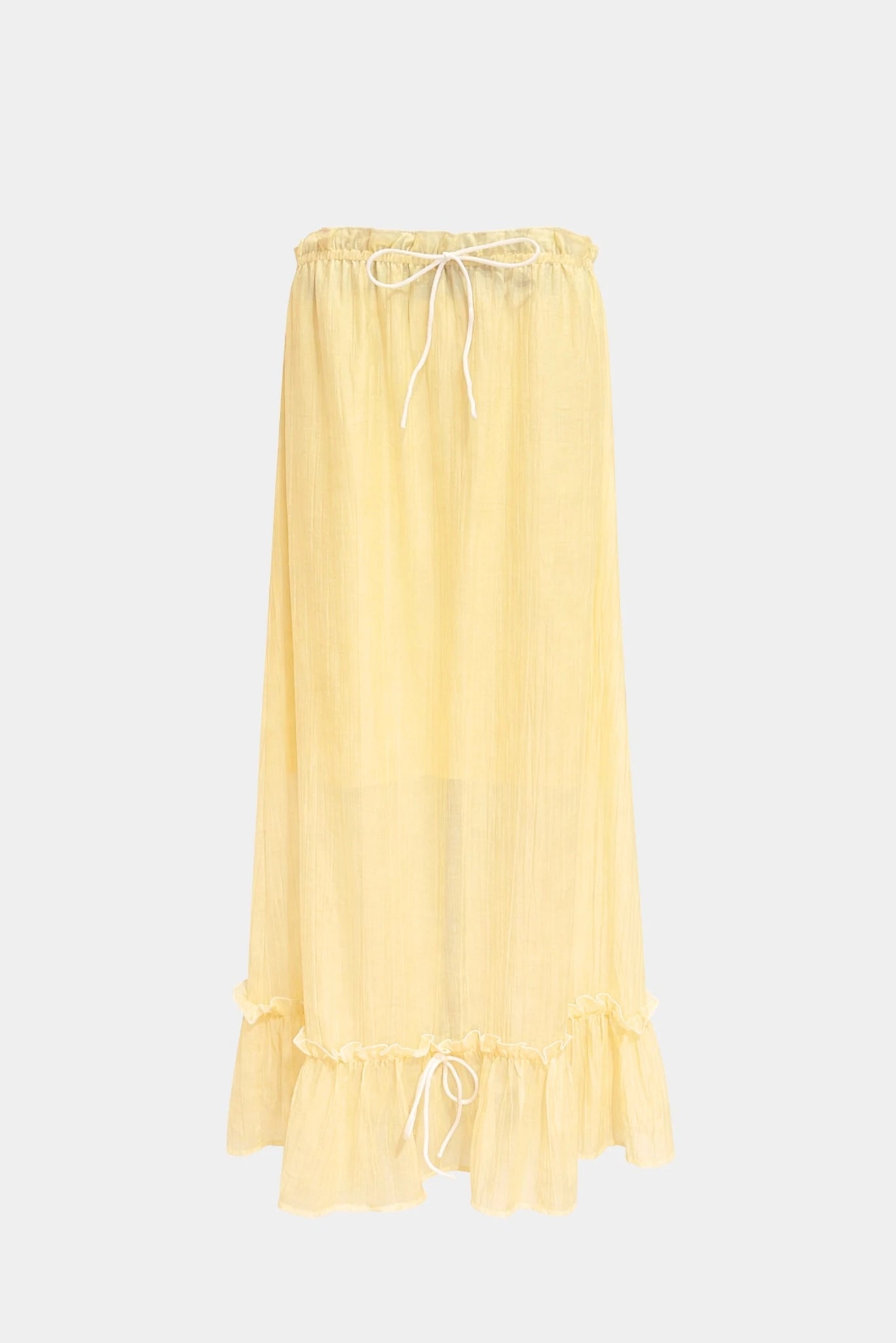 Vestido Marina Gaia amarelo claro com modelagem longa e barra franzida com babado