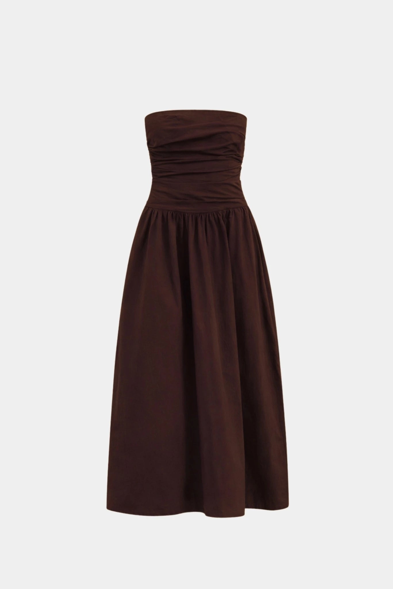 Vestido Midi Drapeado Maya MR marrom tomara que caia com busto drapeado e saia ampla