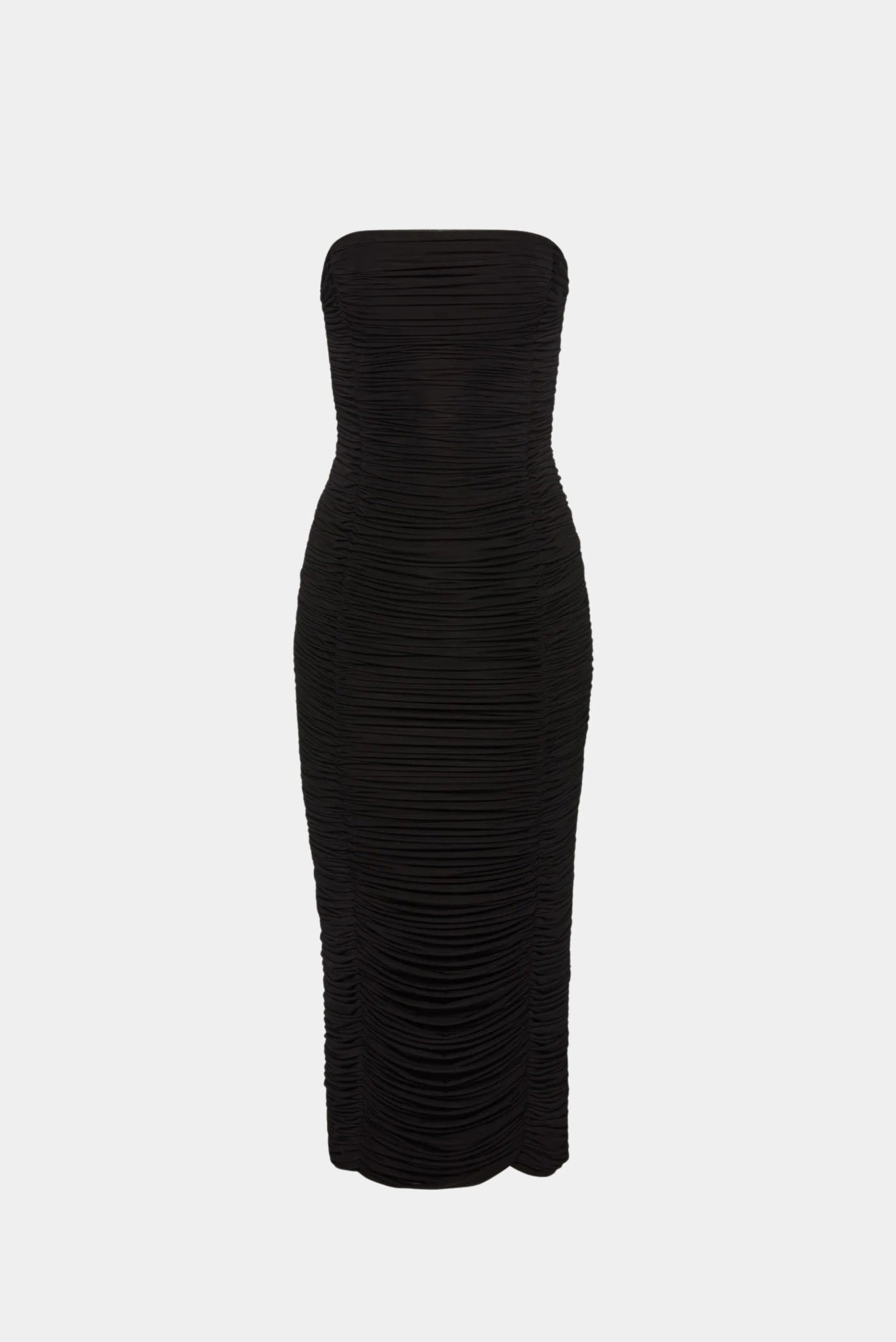 Vestido midi preto tomara que caia com drapeado frontal e modelagem ajustada