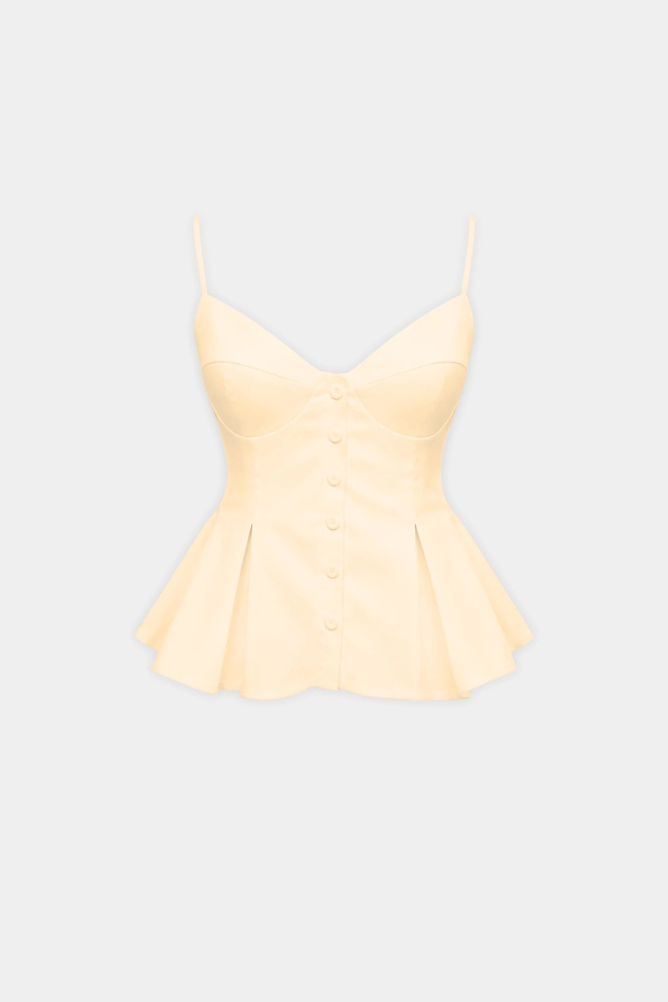 Top Luiza MR amarelo claro em tricoline com decote estruturado e detalhe peplum