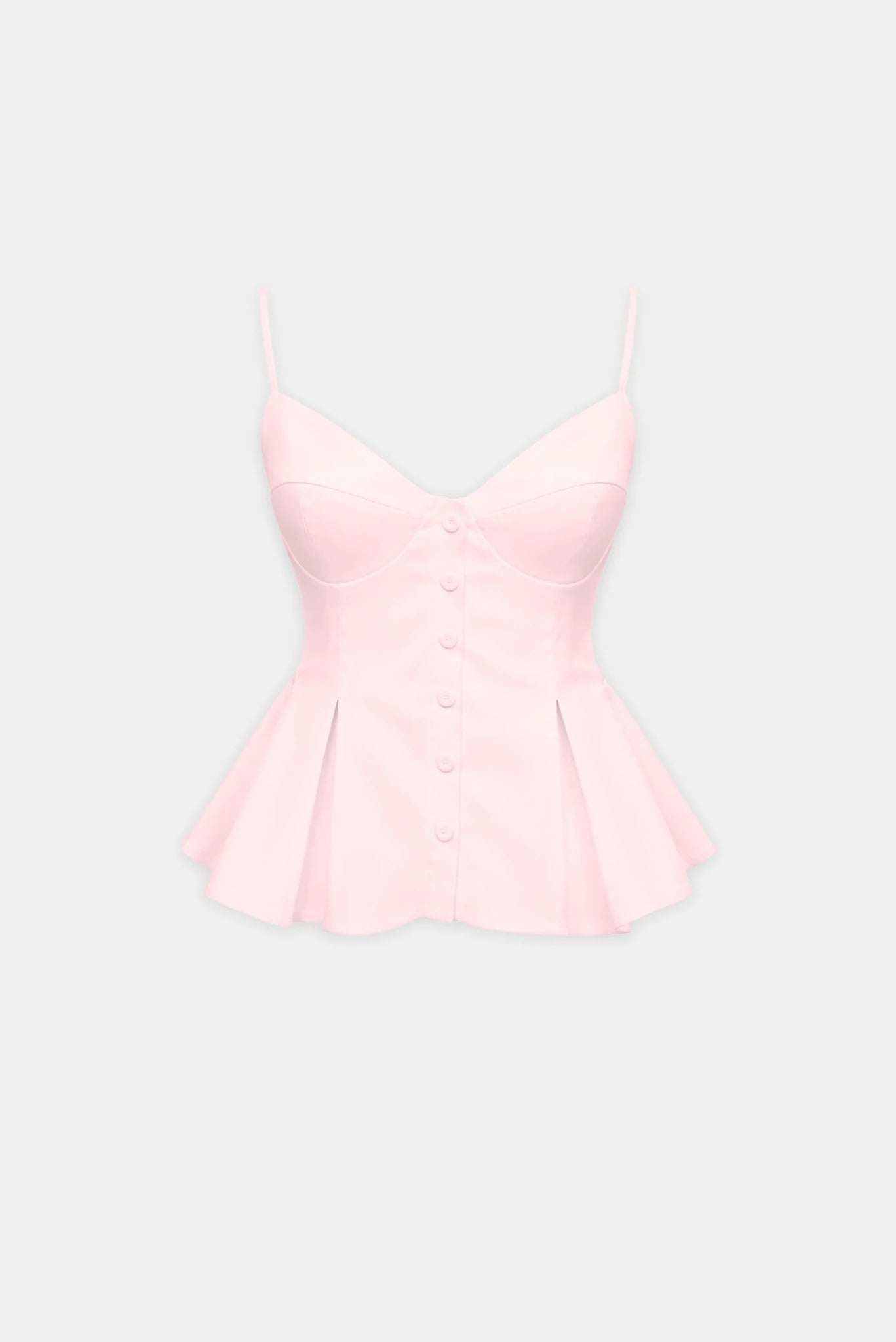 Top Luiza MR rosa claro em tricoline com botões frontais, alças finas e modelagem peplum
