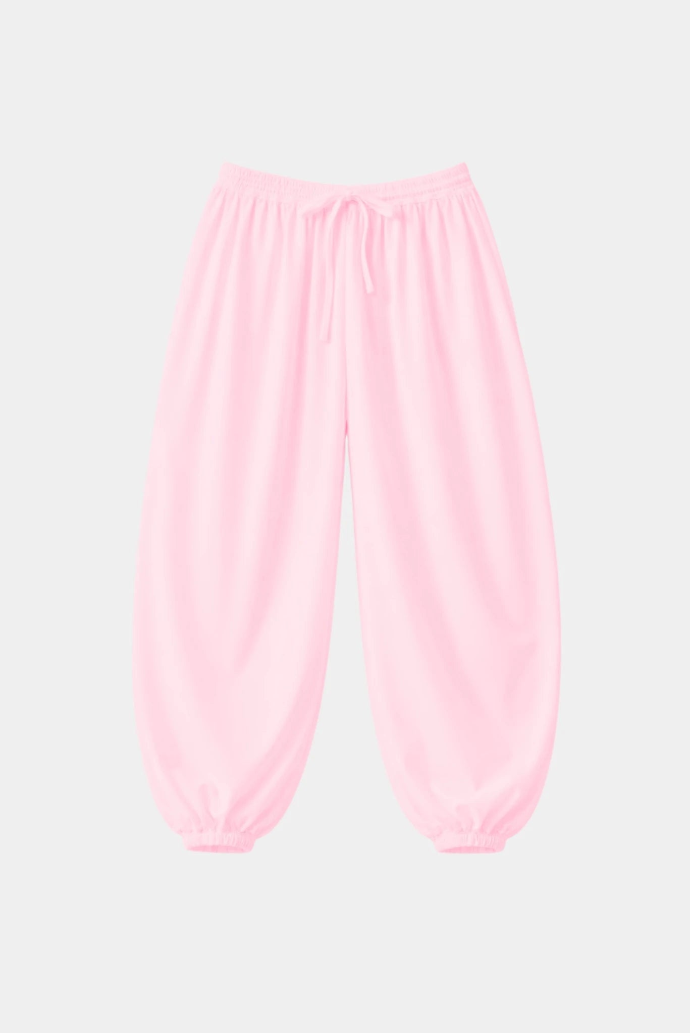 Calça bloomer rosa claro em tricoline com cintura elástica e barra ajustada