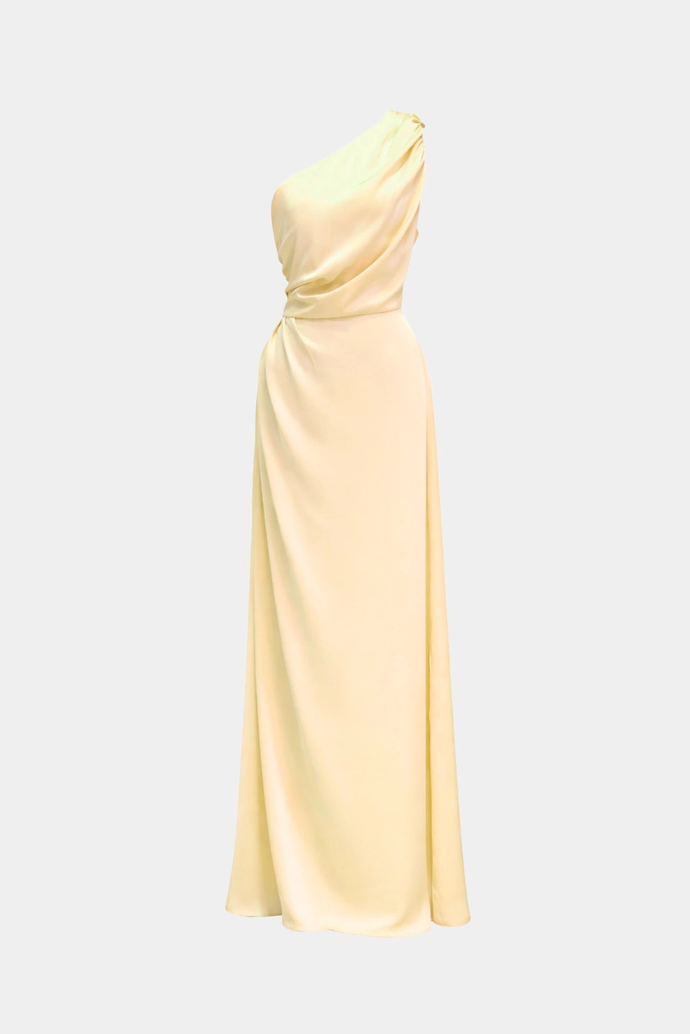 Vestido longo drapeado Farah MR amarelo claro com modelagem fluida e brilho suave