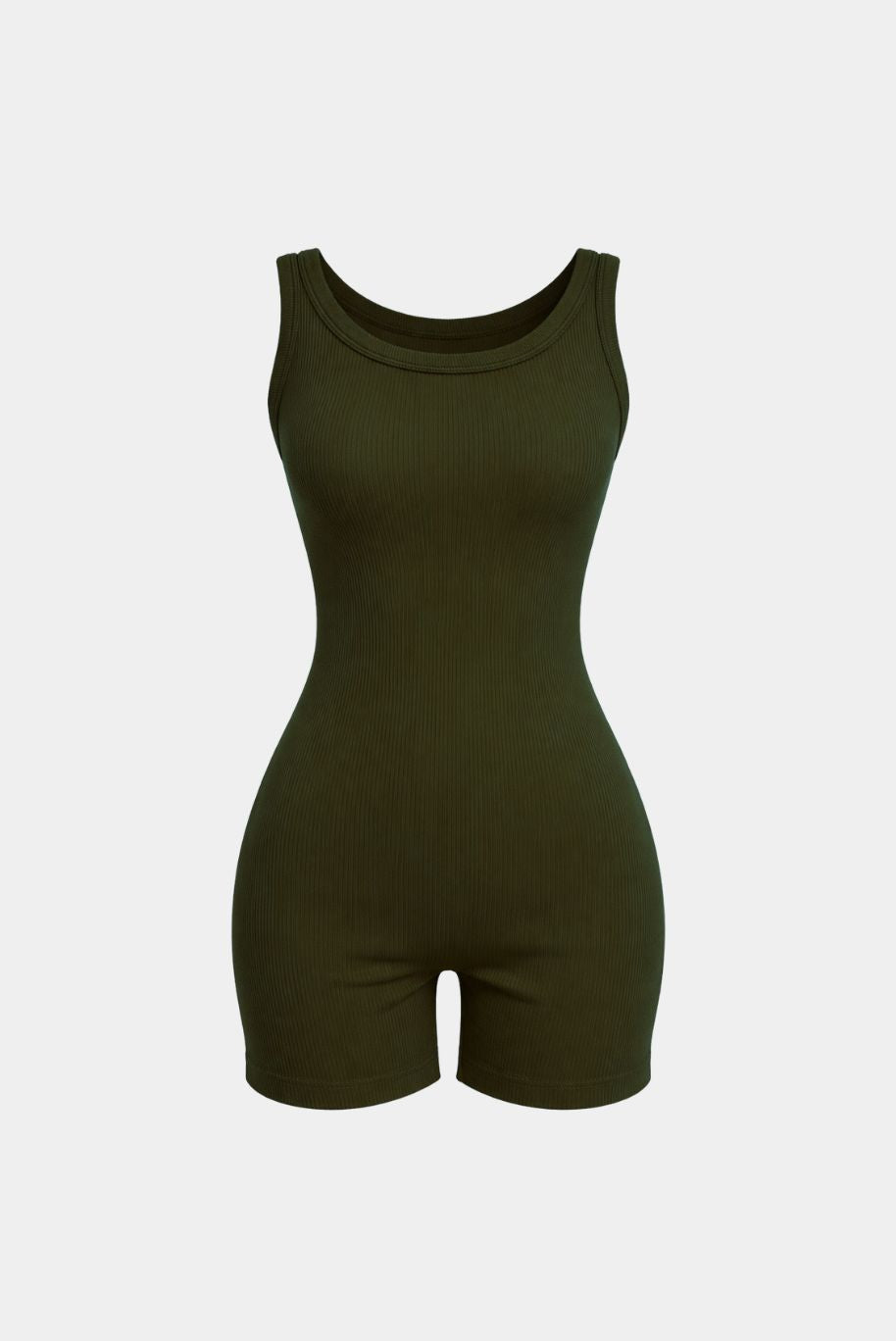 Body short Kim Gaia verde oliva em malha canelada com alças largas e modelagem ajustada