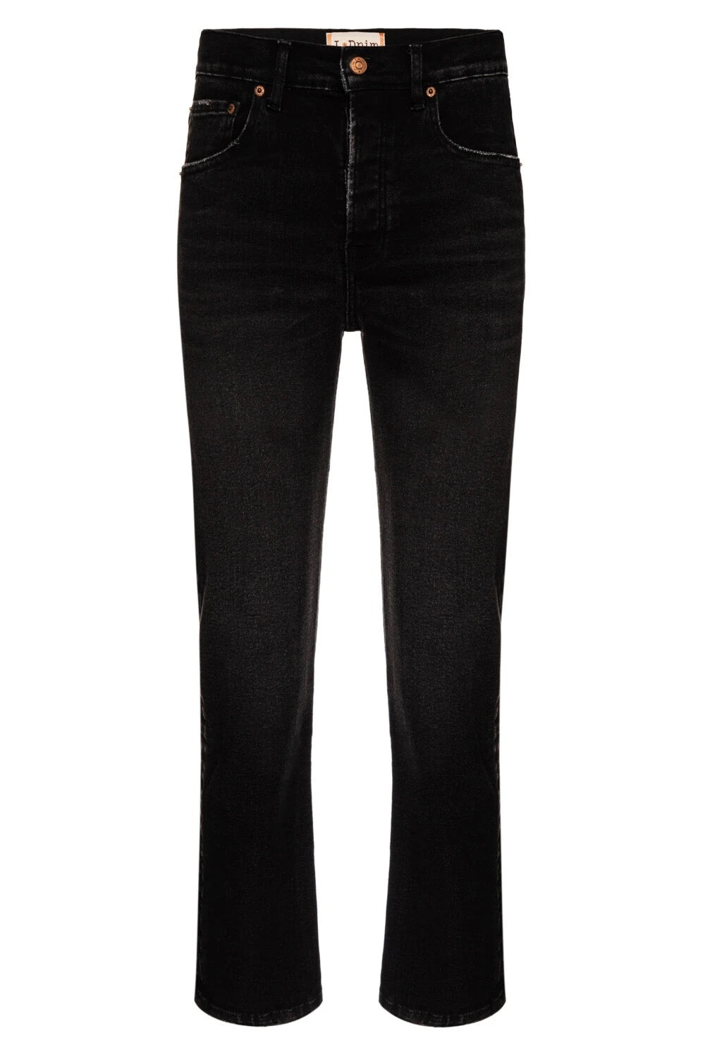 Calça Cropped L•Dnim em jeans preto com cintura alta, lavagem escura e caimento slim reto