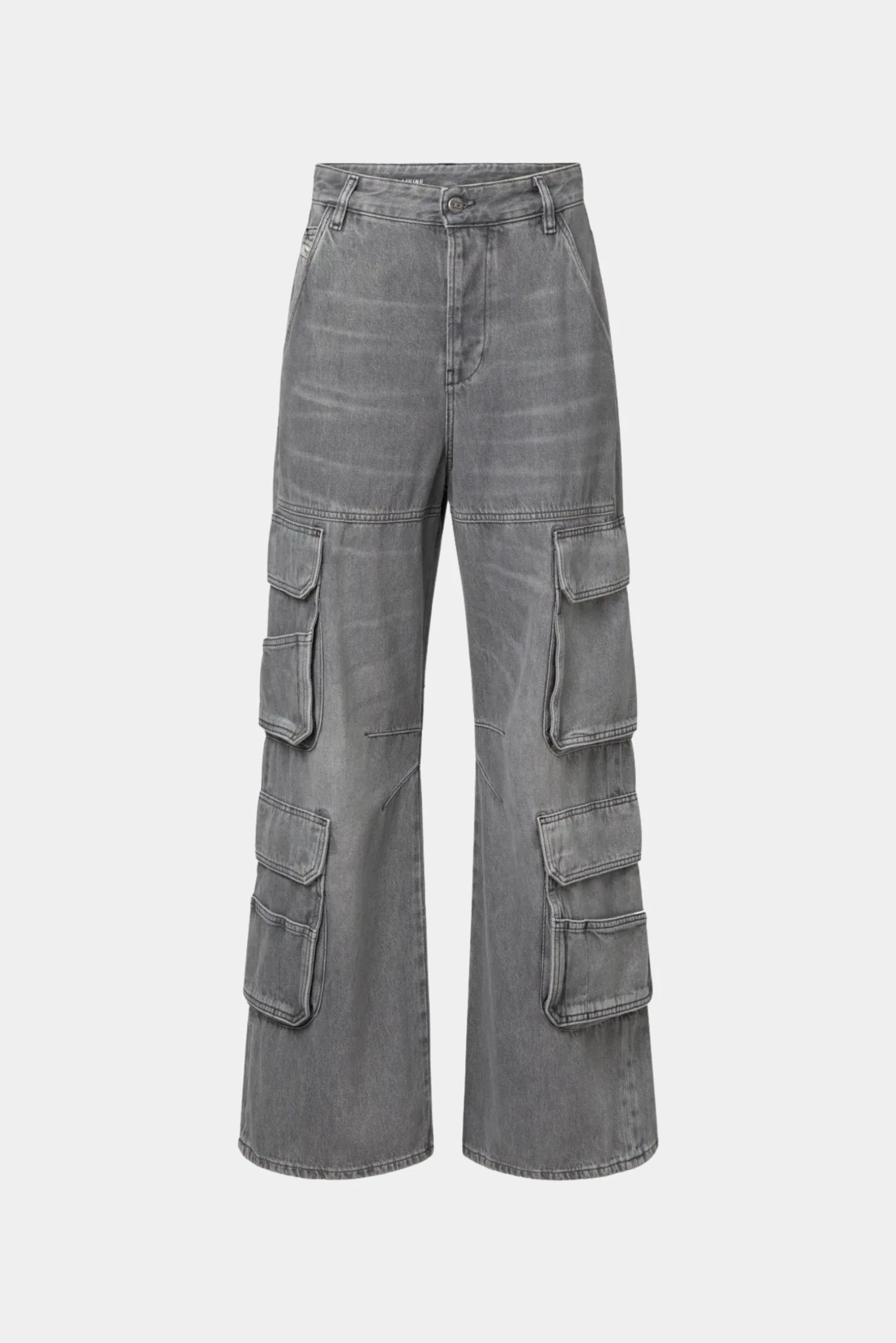 Calça cargo jeans cinza Diesel com modelagem ampla e bolsos utilitários