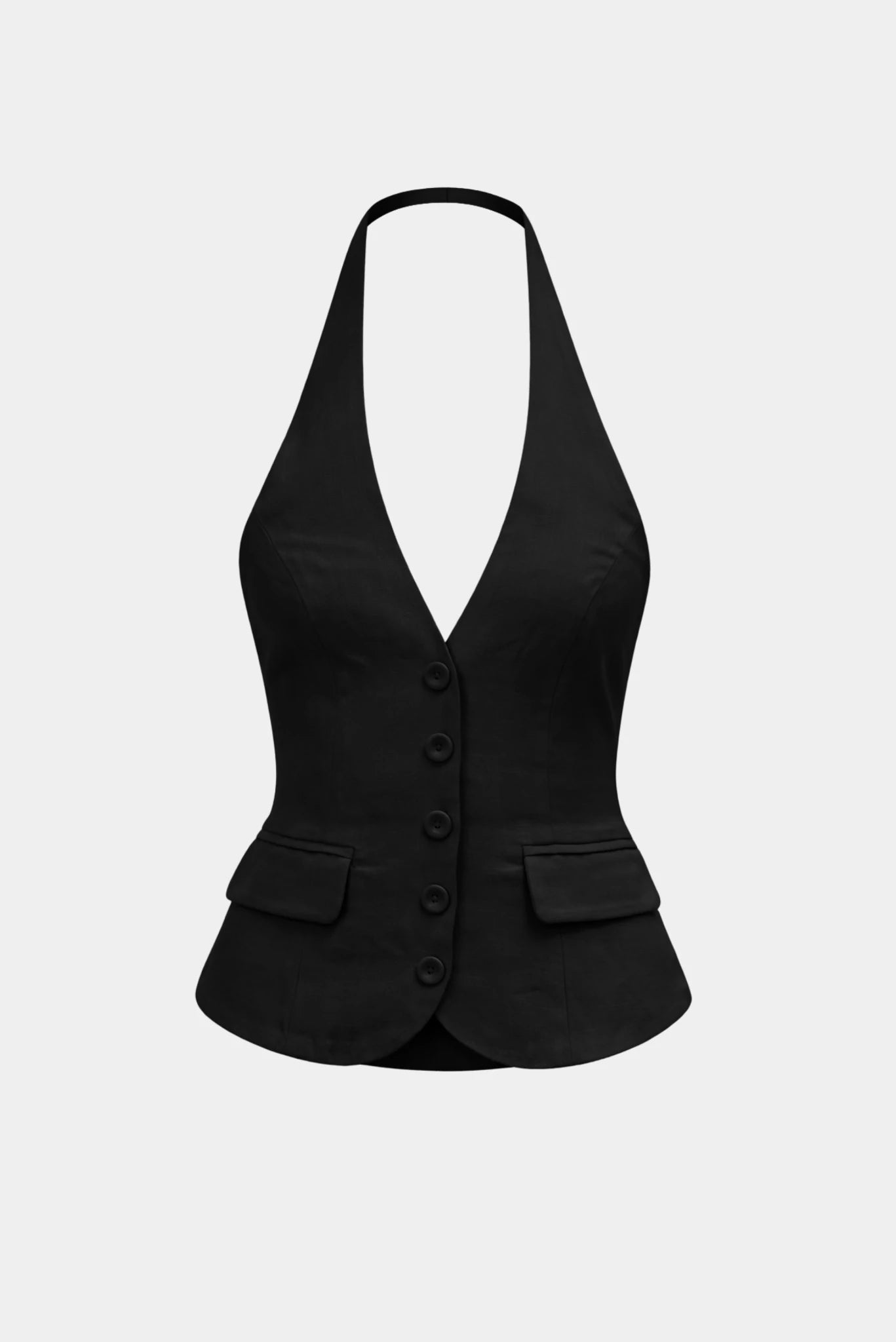 Top Zahira MR preto em modelagem de alfaiataria com decote V profundo e acabamento estruturado