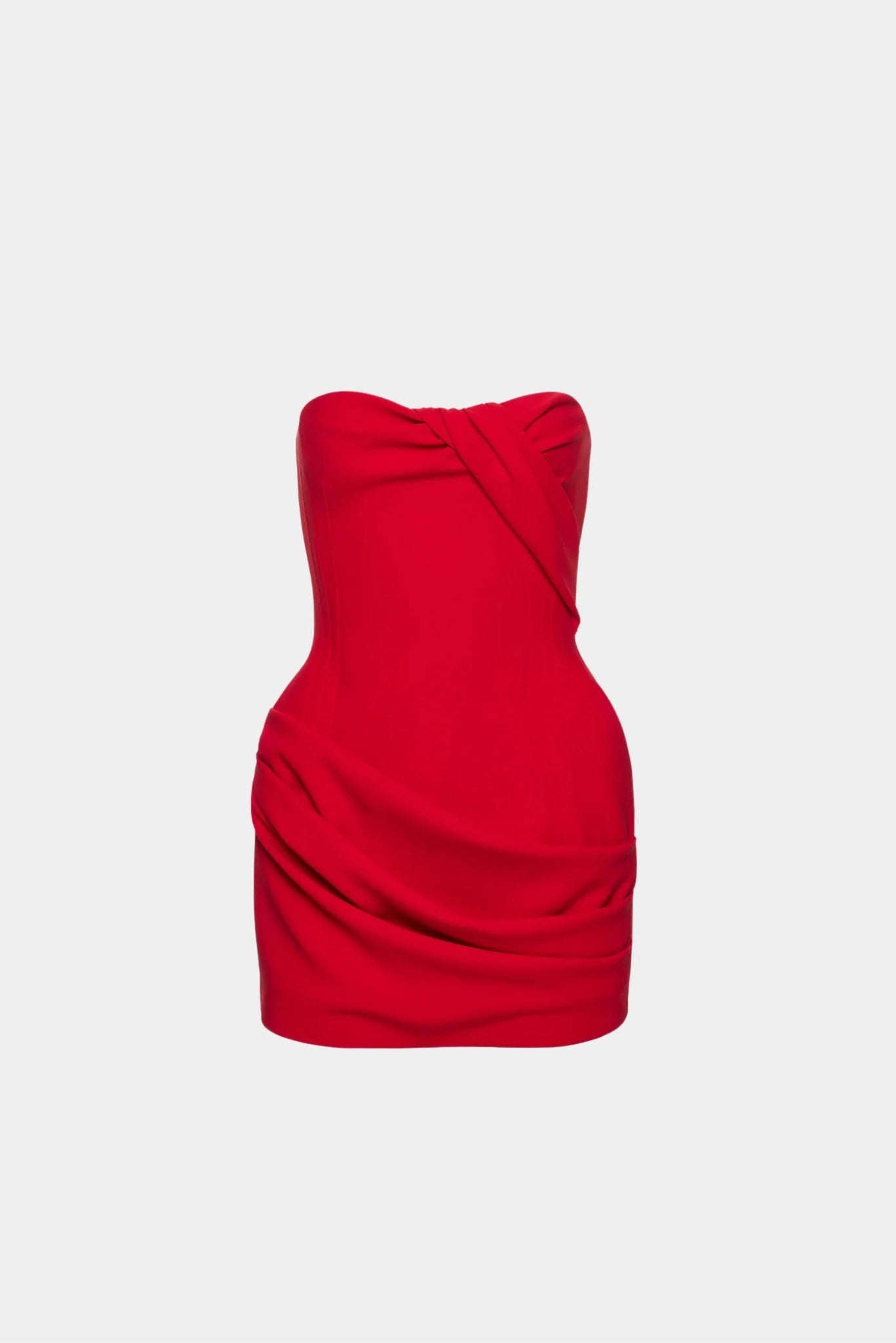 Vestido mini vermelho tomara que caia com corset estruturado e drapeado lateral