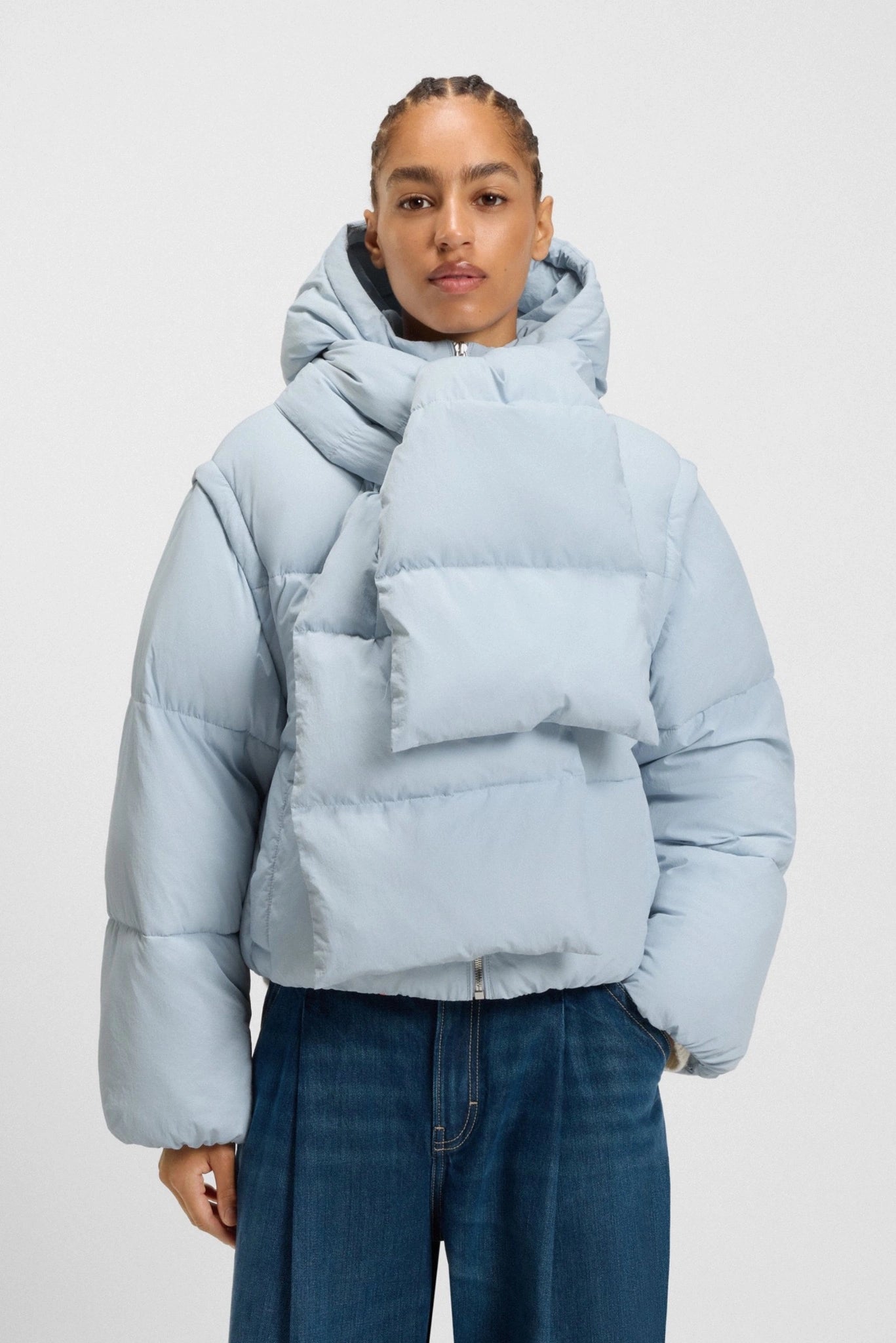 Jaqueta puffer azul-claro Hugo Boss com cachecol acolchoado integrado