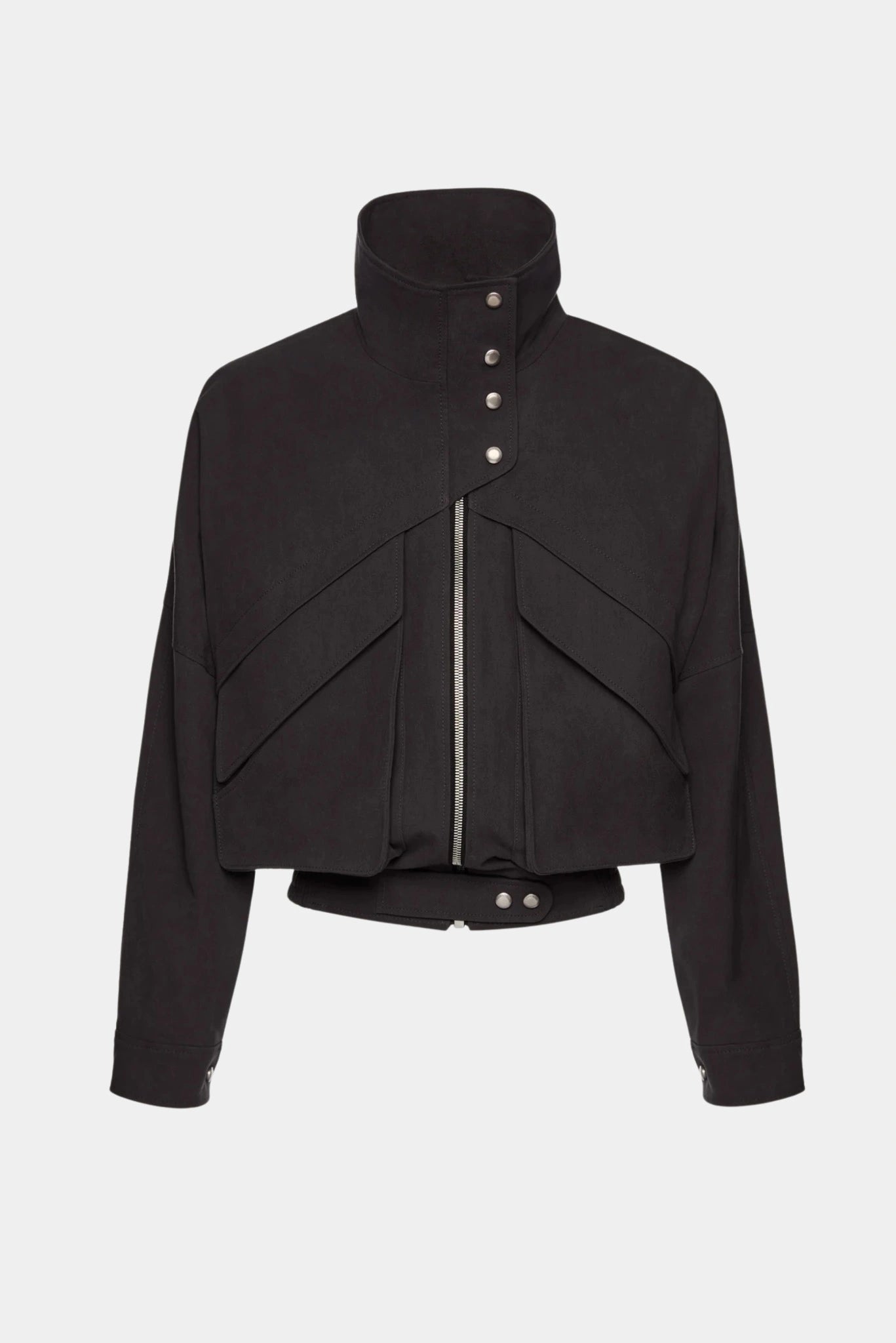 Jaqueta bomber oversized preta da Magda Butrym com gola elevada, recortes estruturados e zíper frontal