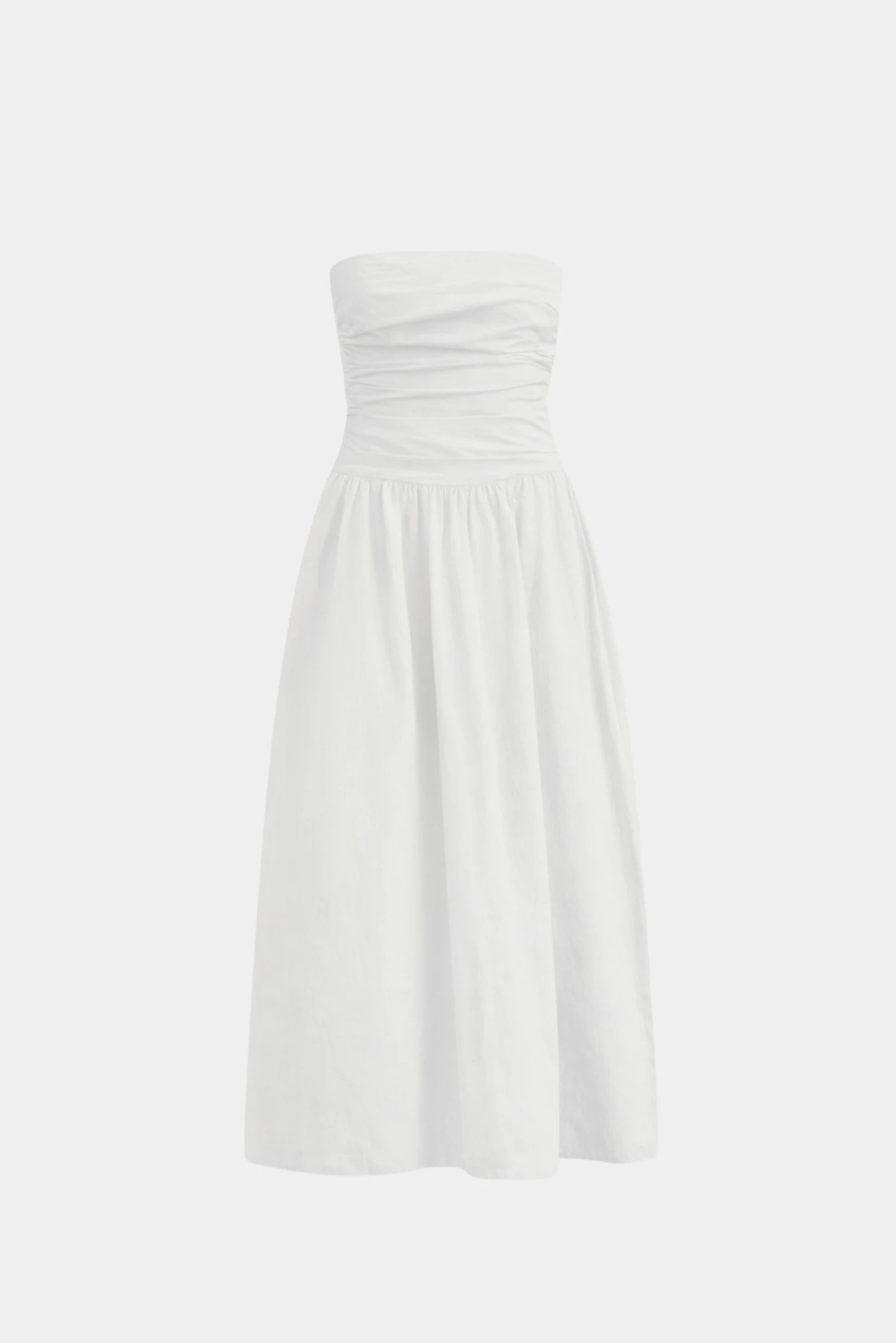 Vestido Midi Drapeado Maya MR off white tomara que caia com busto drapeado e saia ampla