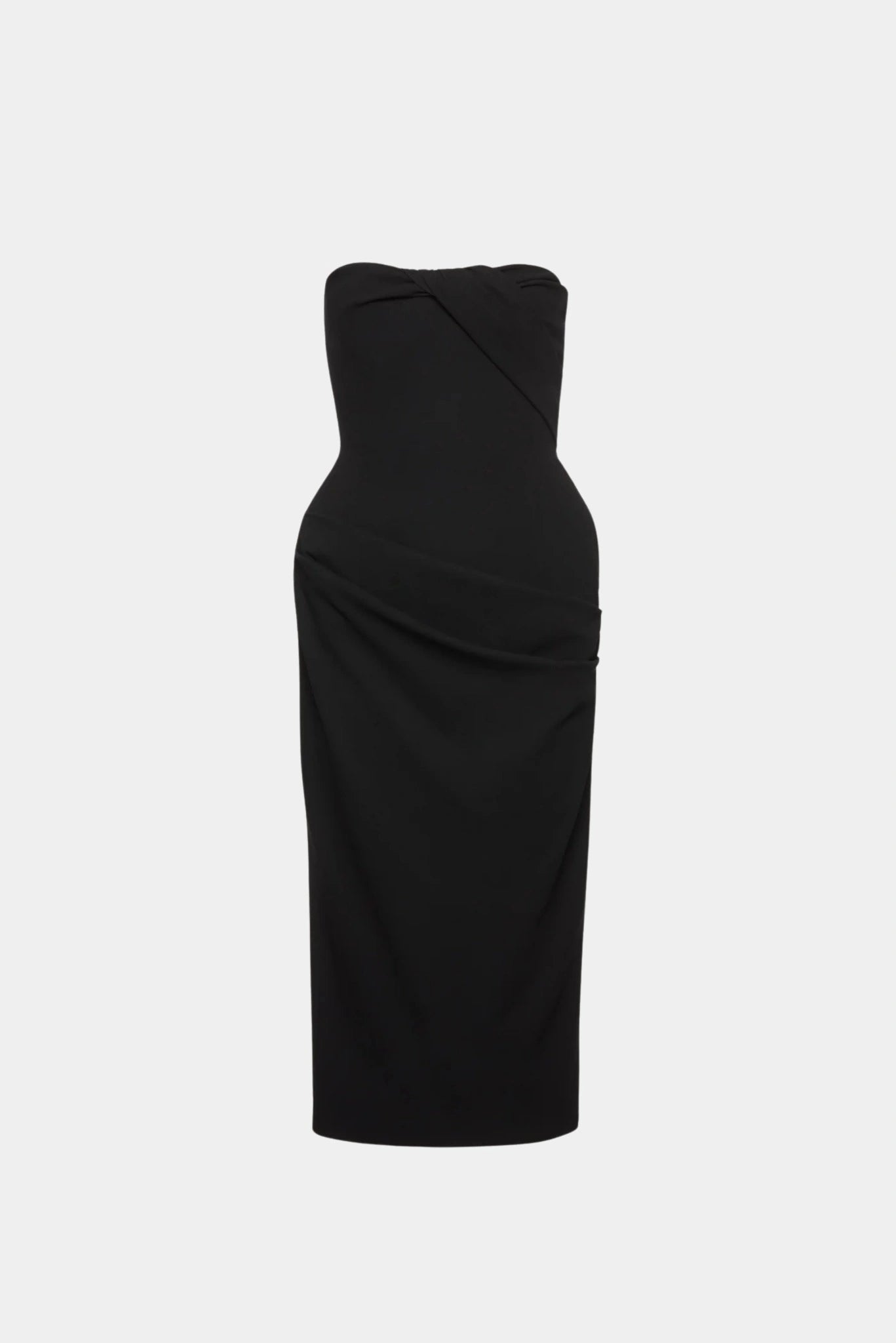 Vestido midi preto da Magda Butrym com modelagem corset, cintura marcada e detalhe drapeado assimétrico