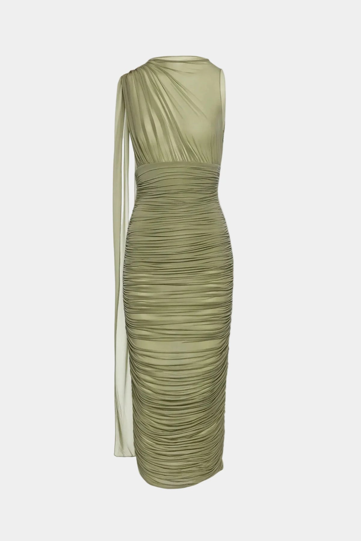 Vestido midi verde sálvia da Magda Butrym com drapeado ajustado, gola alta e detalhe fluido lateral