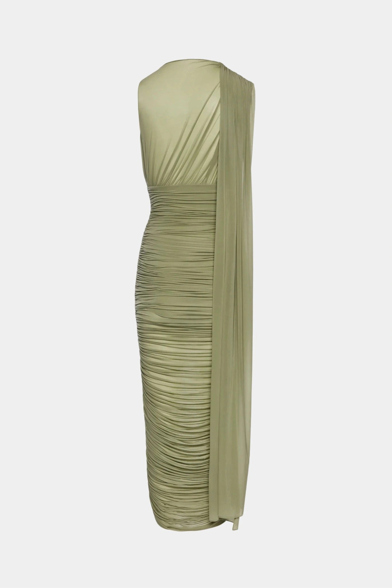 Vista posterior de vestido midi verde sálvia da Magda Butrym com drapeado ajustado e detalhe fluido lateral
