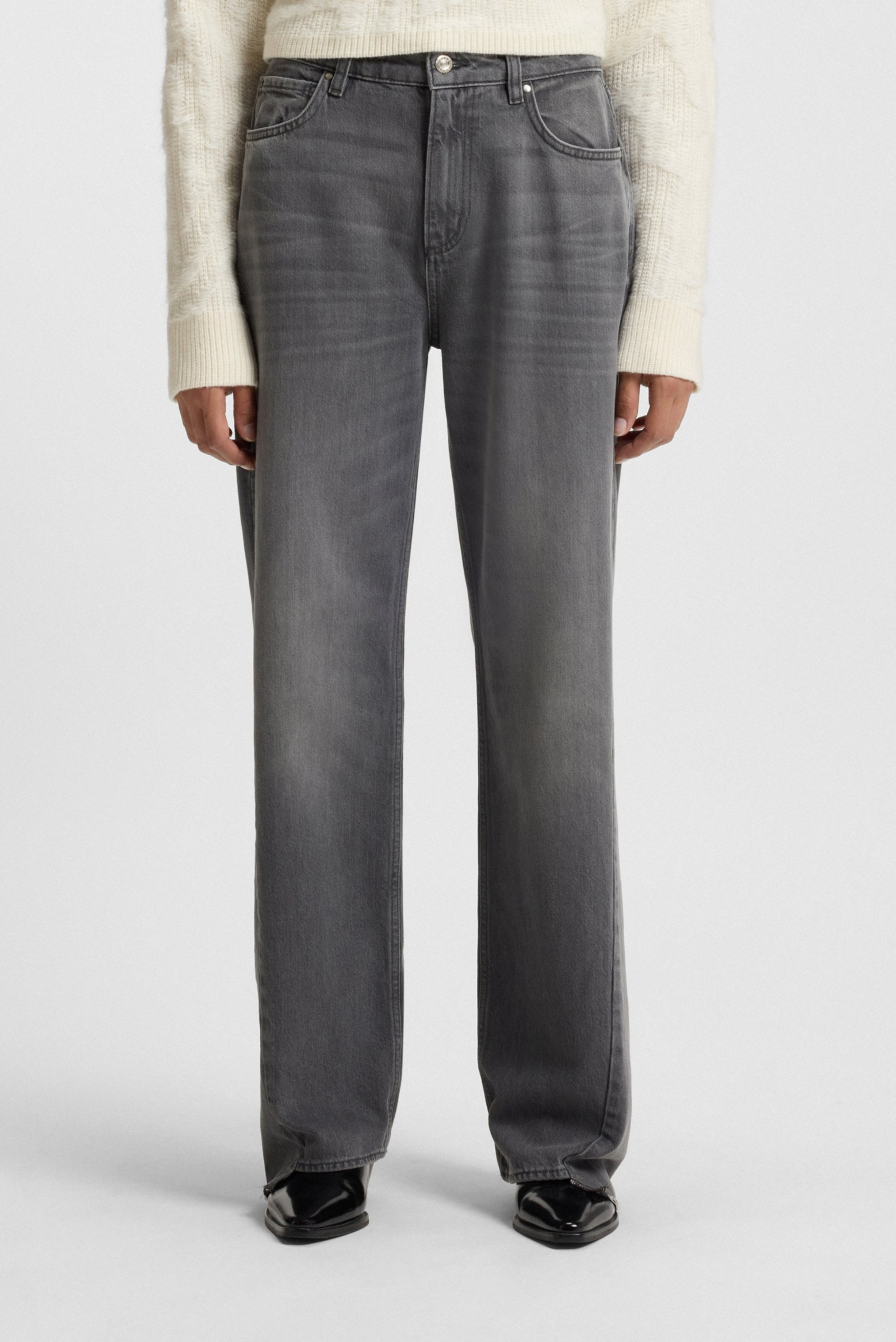 Calça Jeans Crossroad Hugo Boss cinza com cinco bolsos e modelagem reta