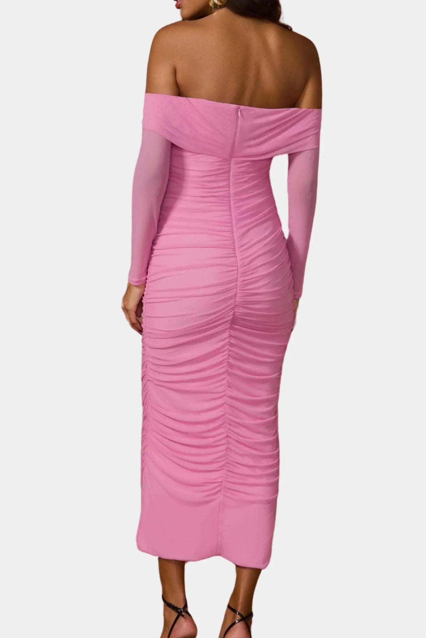 Vestido Midi Julia Fabulous rosa com costas abertas, mangas longas e efeito drapeado