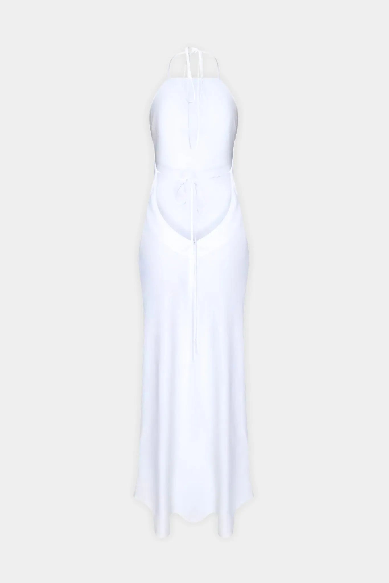 Costas do vestido longo Amalfi Gaia branco com decote profundo e amarração