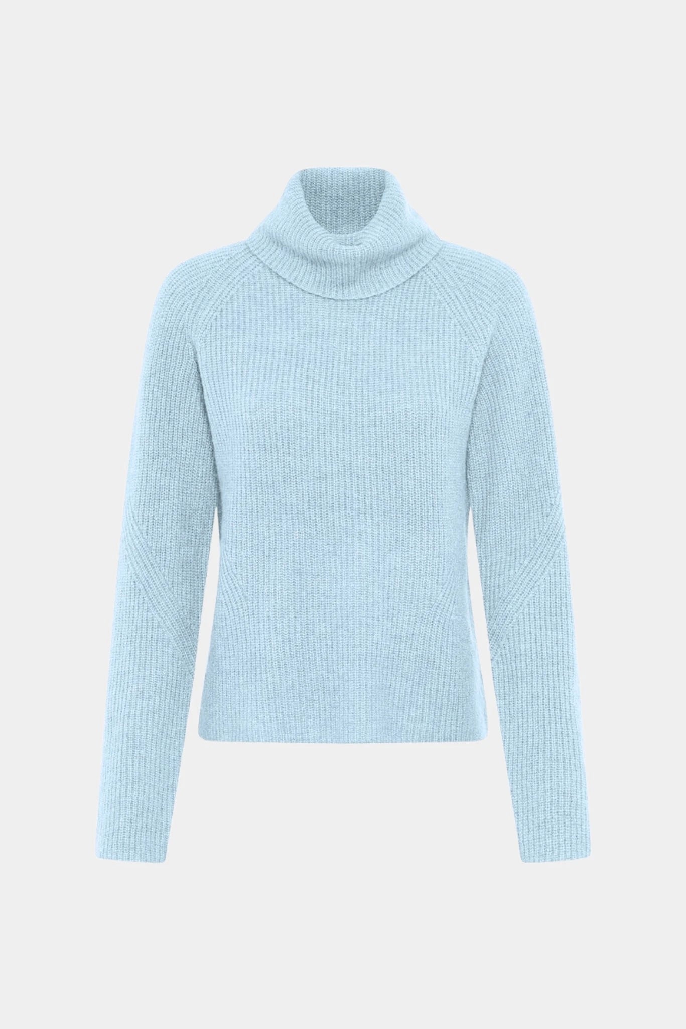 Tricot Falodina Hugo Boss azul-claro com gola alta e mangas longas em fundo neutro