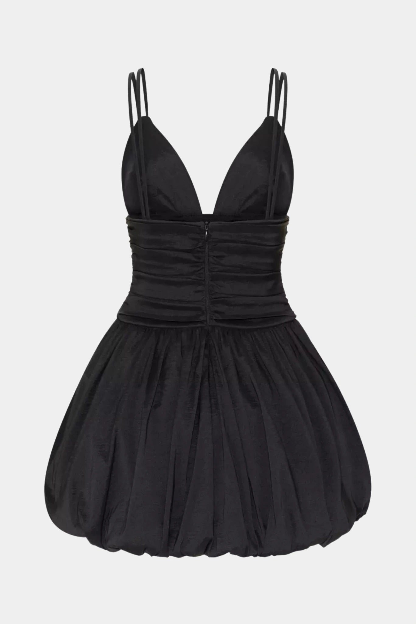 Costas do vestido curto Flora Balonê Gaia preto com alças duplas e saia balonê estruturada