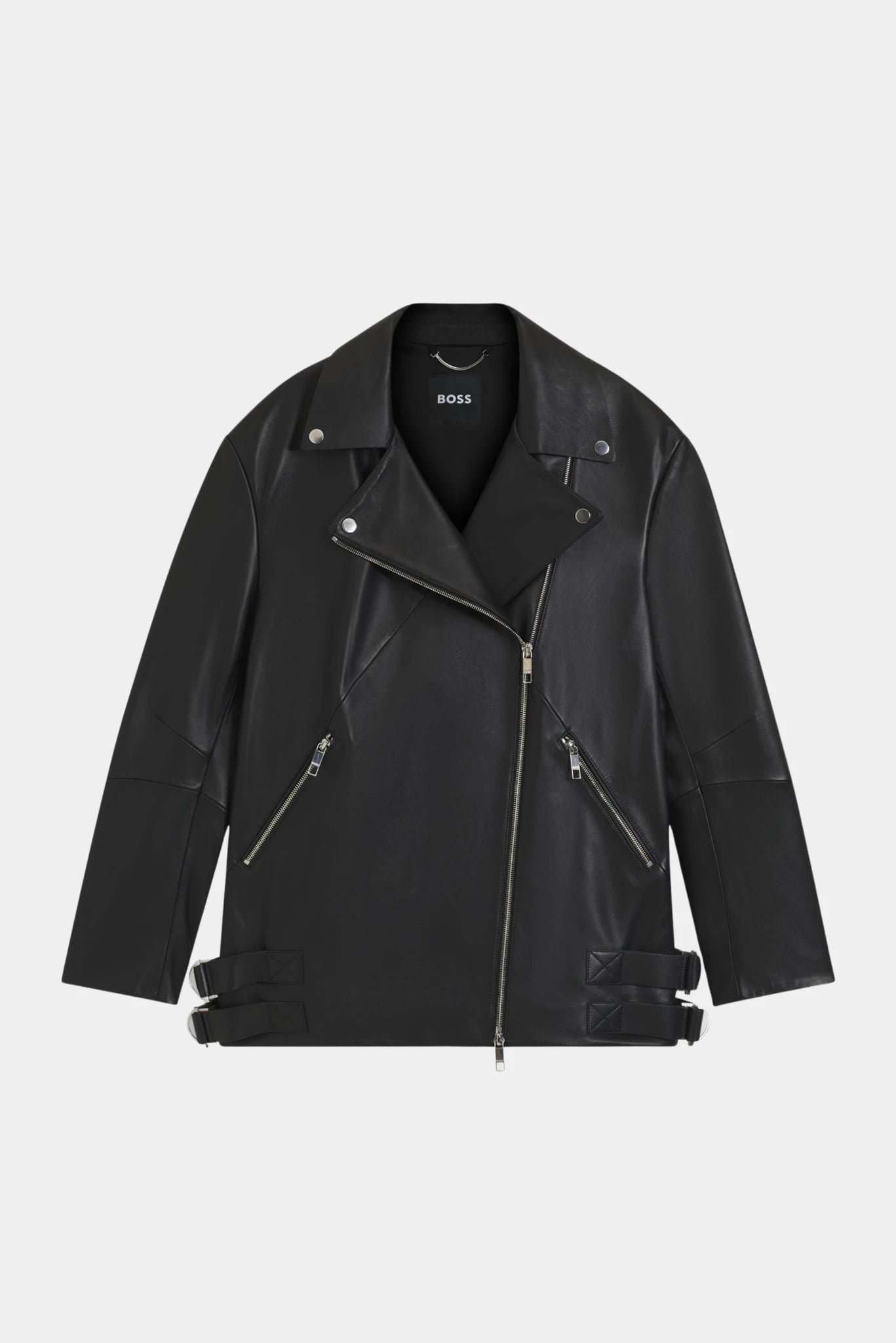Jaqueta biker preta Hugo Boss com zíper assimétrico e fivelas laterais