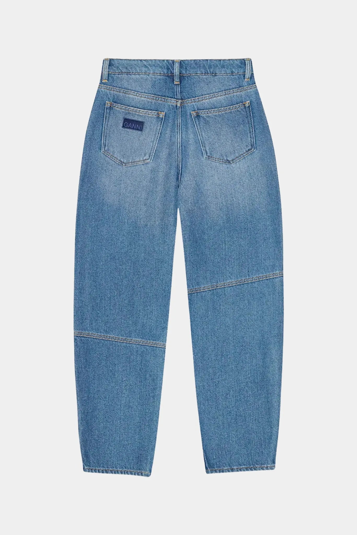 Calça Jeans Desfiada Ganni azul com bolsos traseiros e modelagem barrel