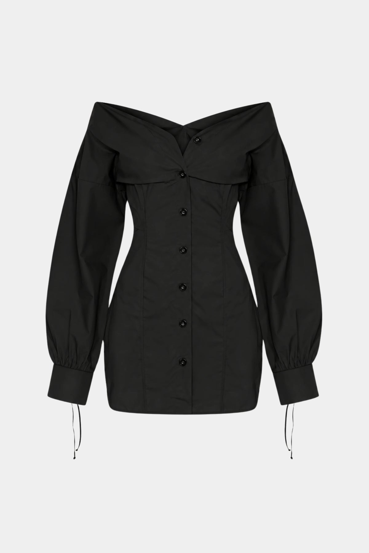 Vestido Curto Nili MR preto ombro a ombro com botões frontais e mangas longas