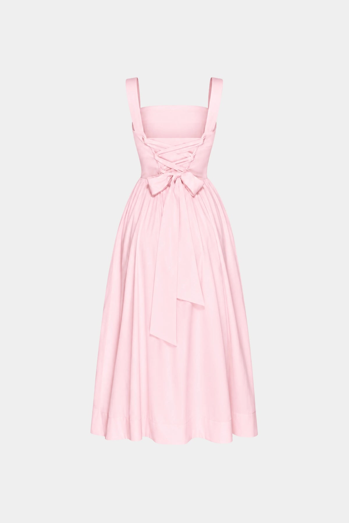 Costas do vestido midi Antonieta Gaia rosa claro com amarração cruzada e laço