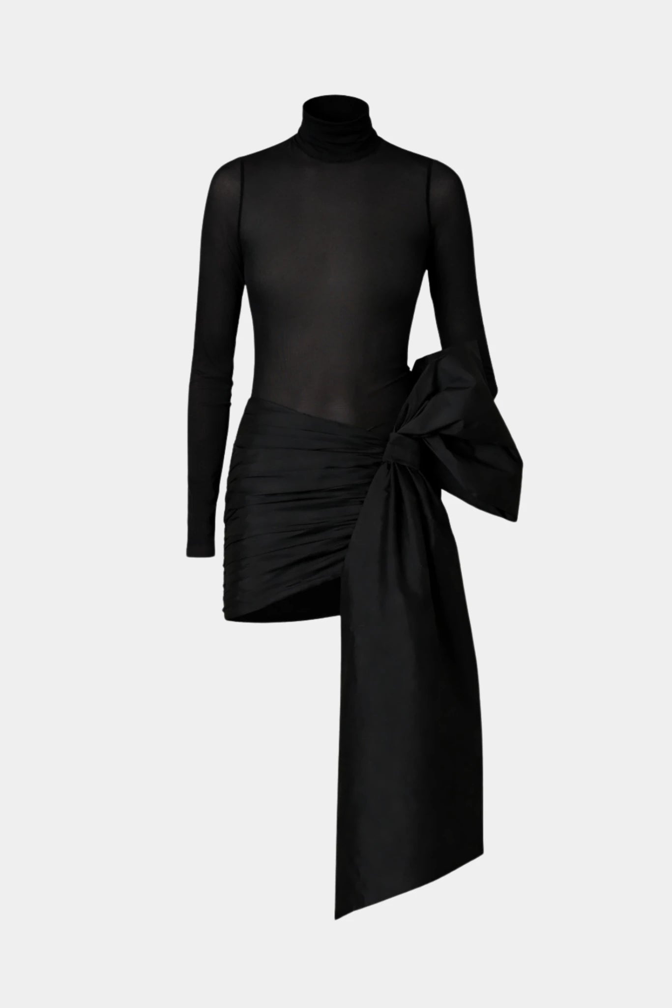 Vestido curto Fabulous em tule preto com transparência, drapeado lateral e maxi laço