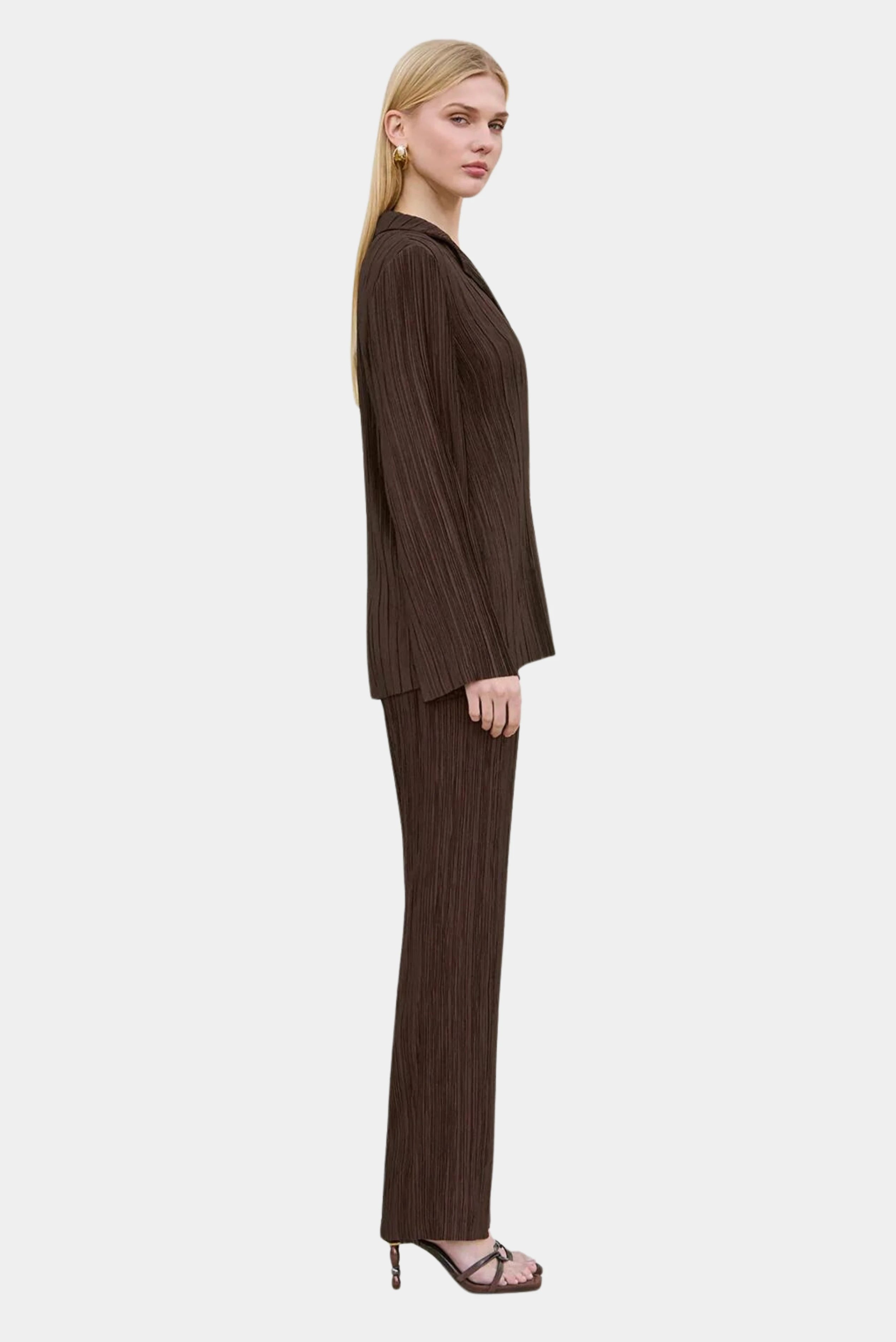 Calça marrom plissada Cult Gaia com caimento reto em vista lateral