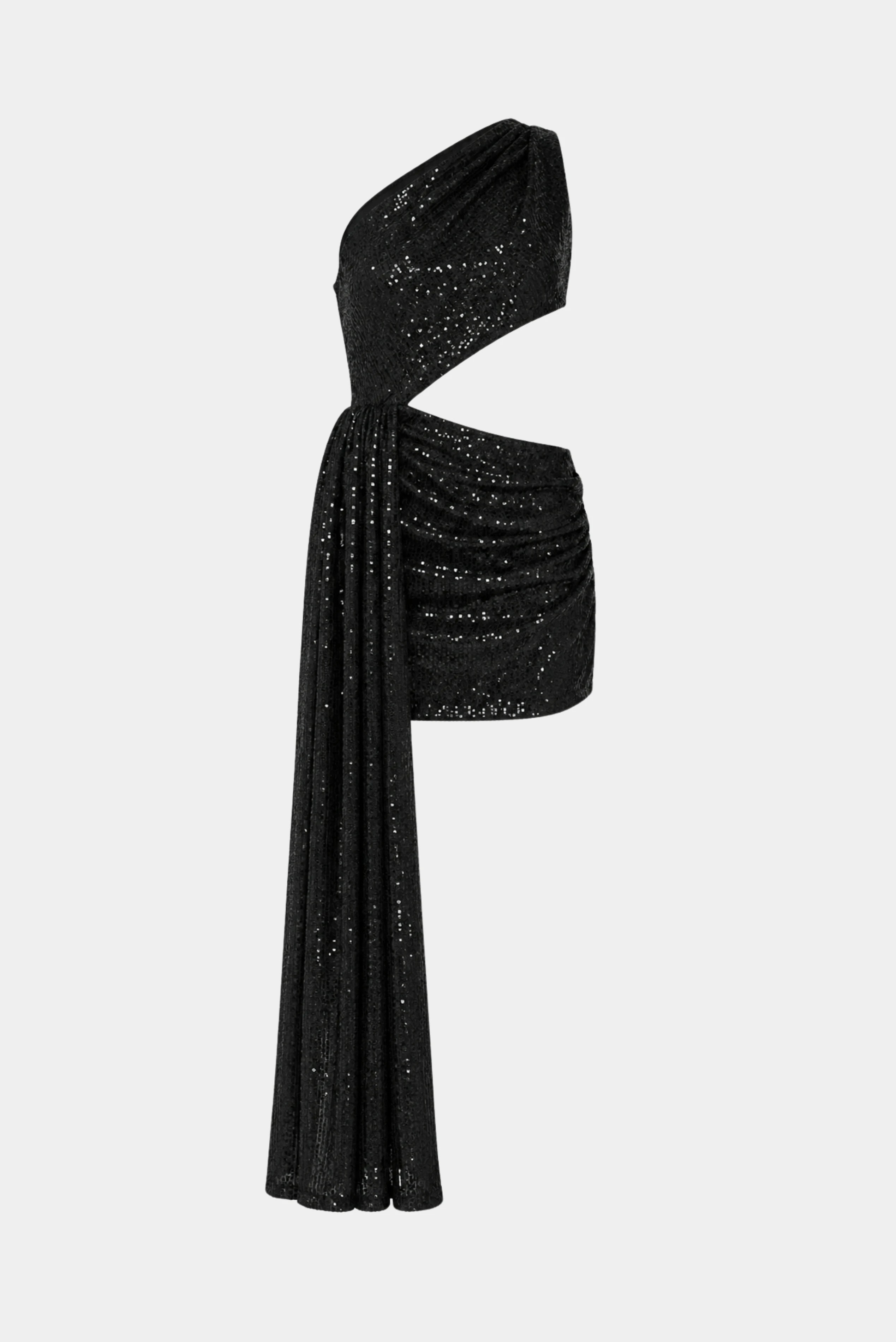 Vestido curto preto em paetês com um ombro só, recorte lateral, drapeado e faixa longa