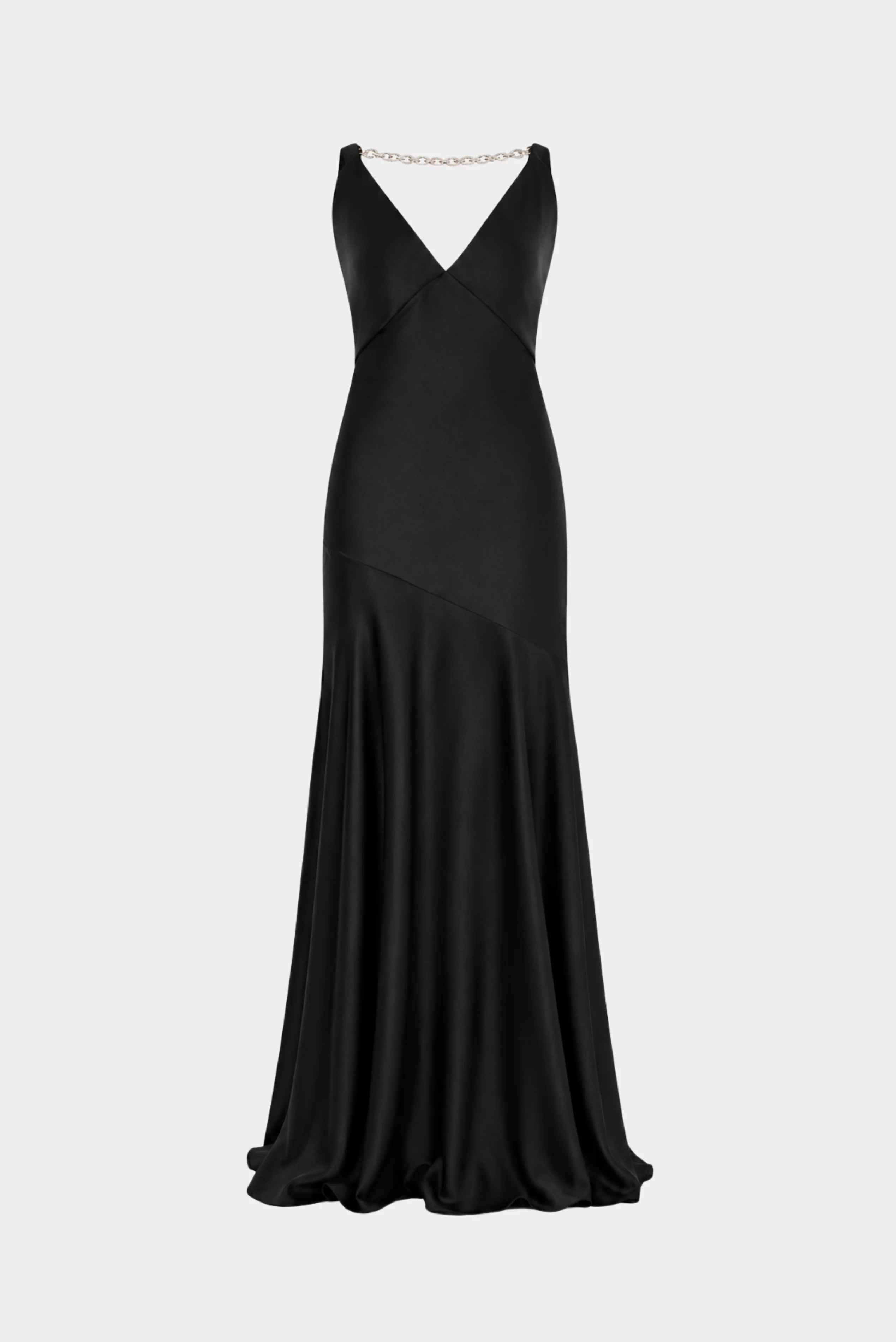 Vestido longo preto Kate Fabulous com decote V, alças em corrente e saia evasê