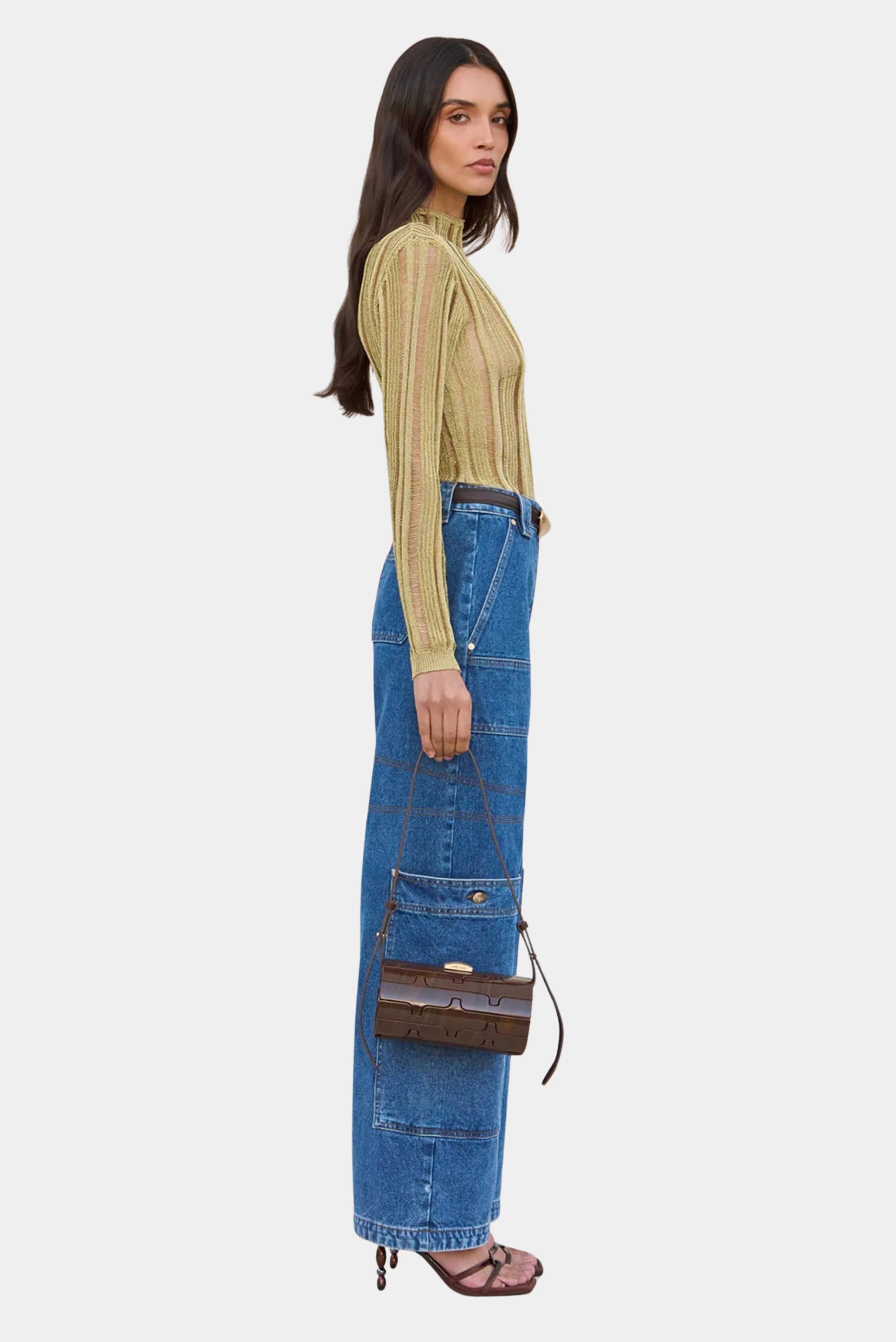 Top dourado Cult Gaia em tricot canelado com transparência e mangas longas