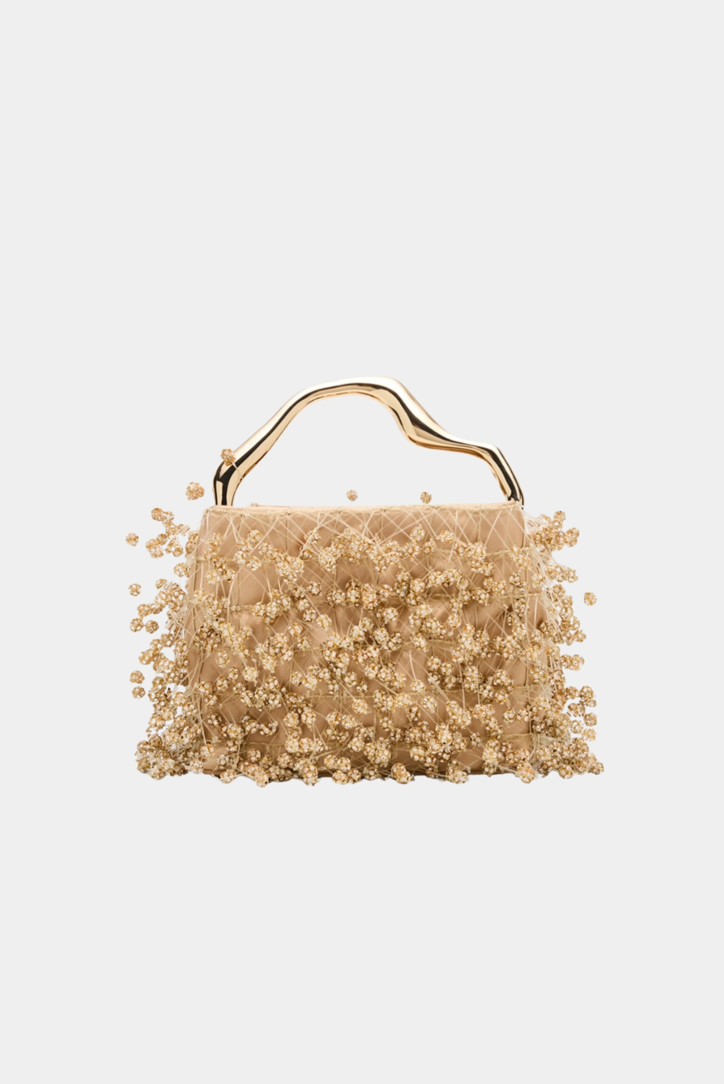 Bolsa Mini Solene Cult Gaia dourada com cristais e alça metálica orgânica