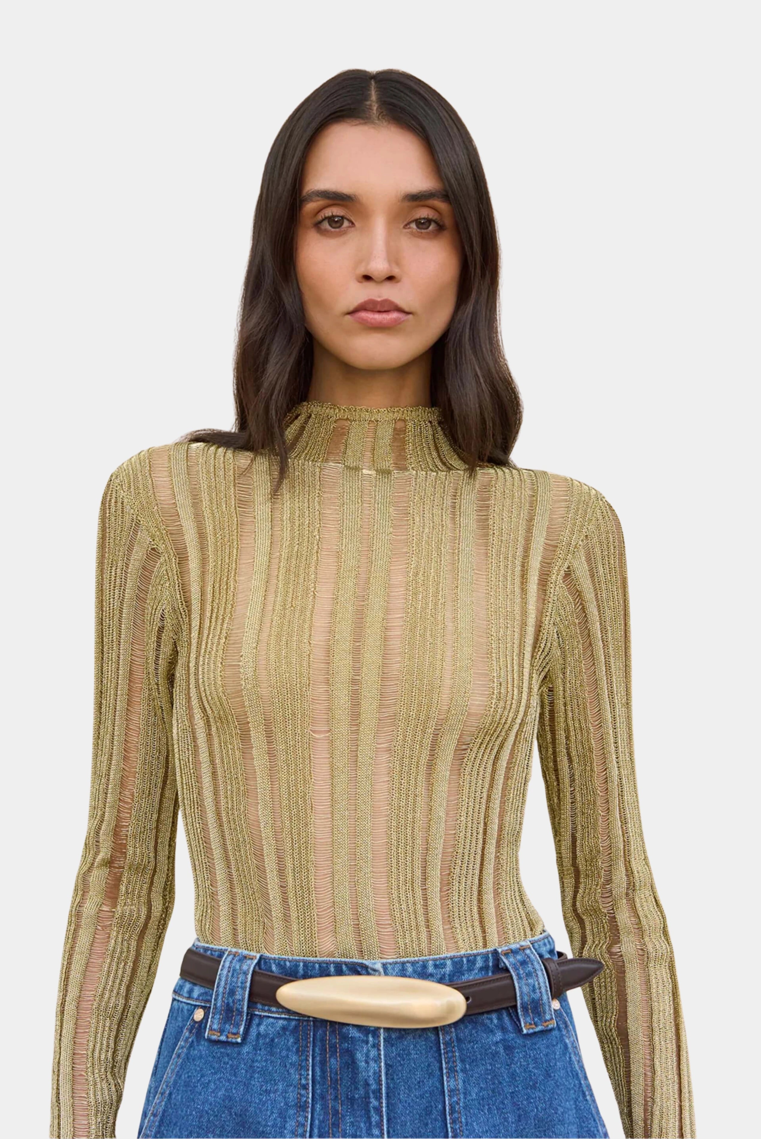 Top Kyla Cult Gaia dourado com gola alta e transparência vertical