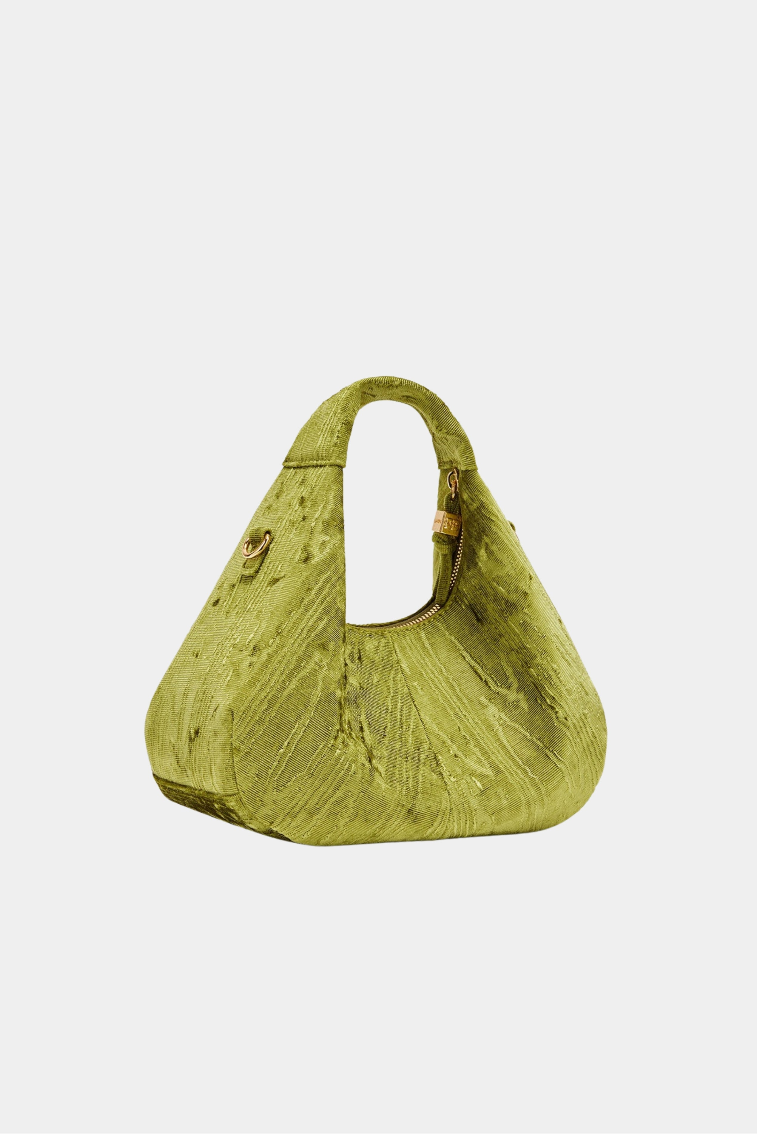 Vista lateral da bolsa Hobo Mini Ganni em veludo moiré verde
