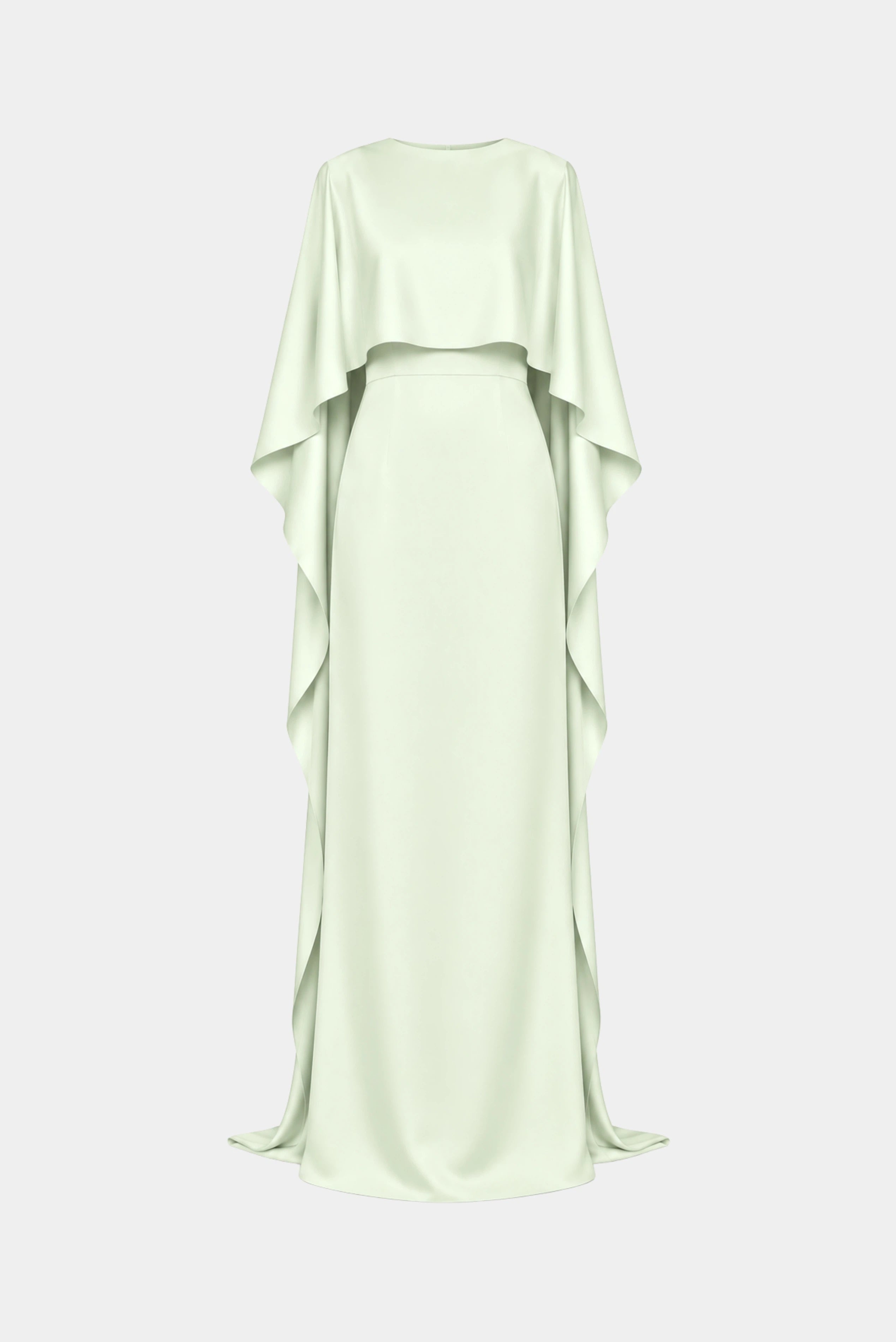 Vestido longo verde menta em crepe com capa fluida e modelagem reta em composição editorial