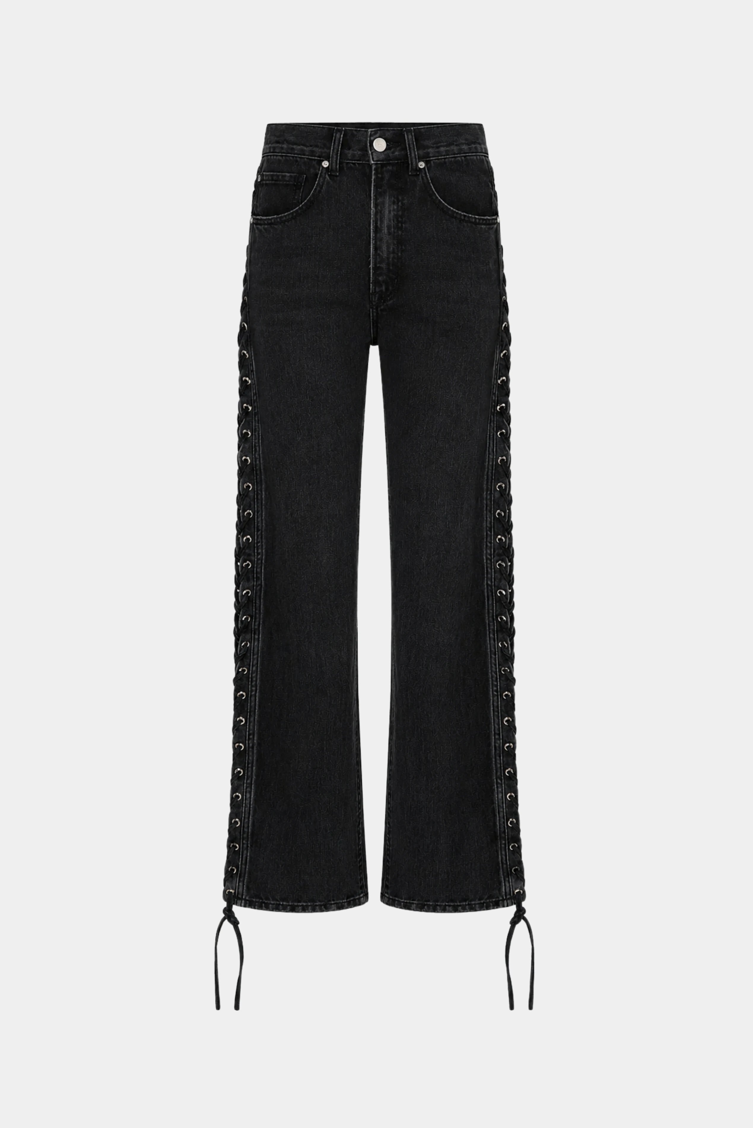 Calça jeans preta reta com amarrações laterais e lavagem estonada
