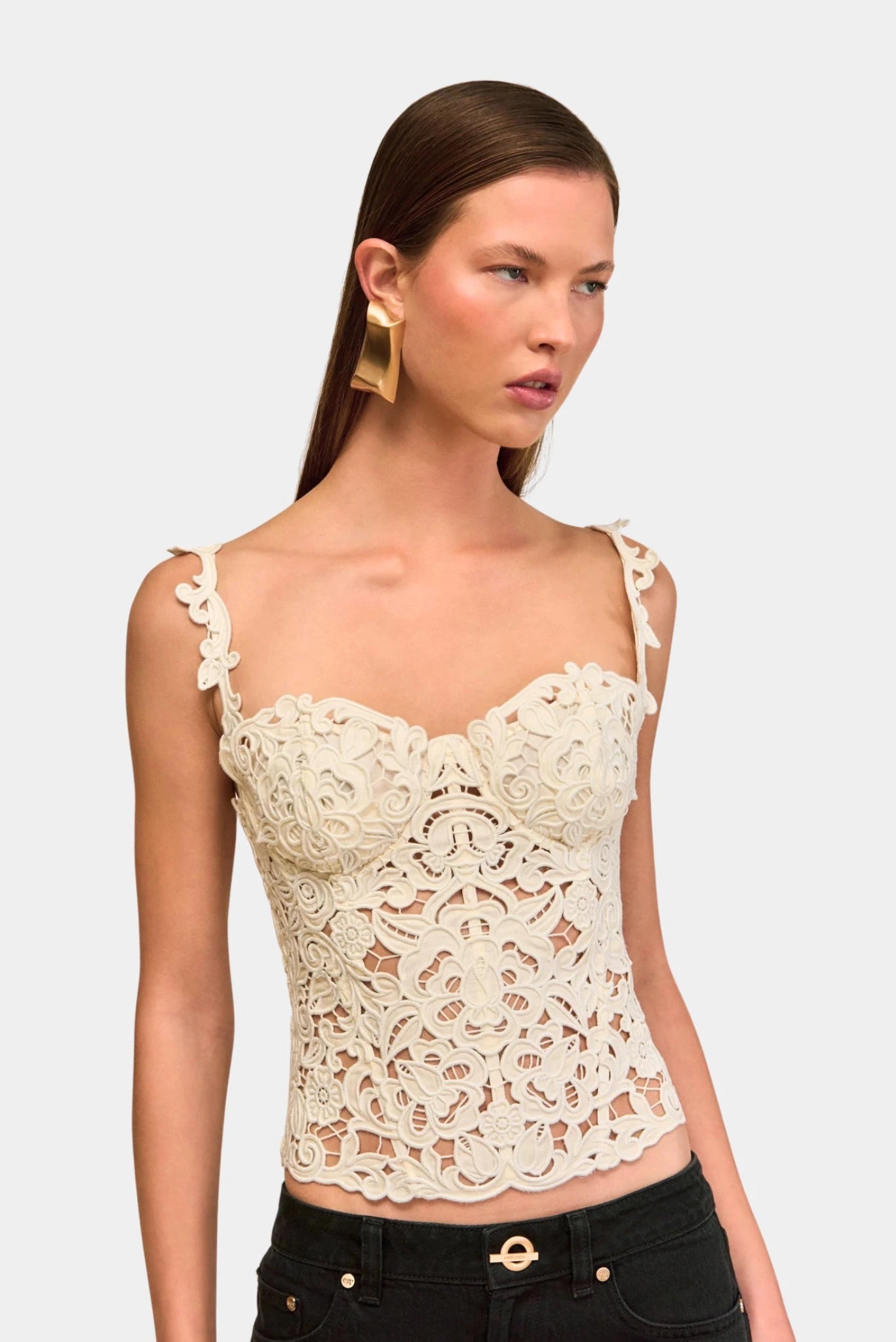 Top off-white Cult Gaia com alças bordadas e transparência floral