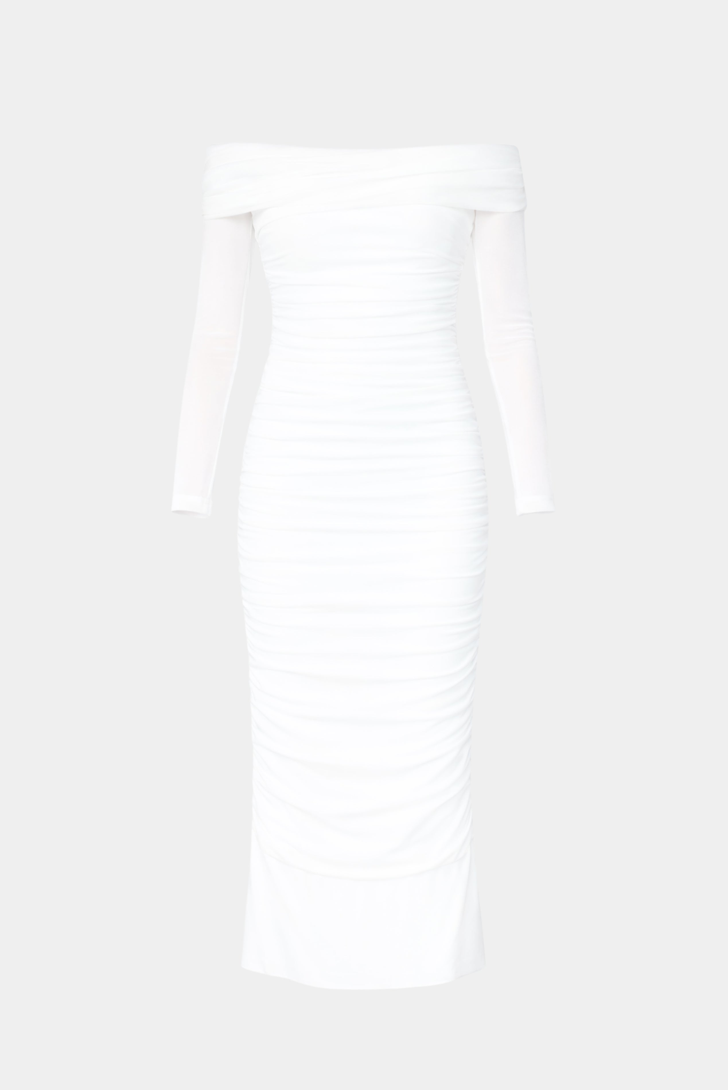 Vestido Midi Lola off white em tule com decote ombro a ombro e drapeado
