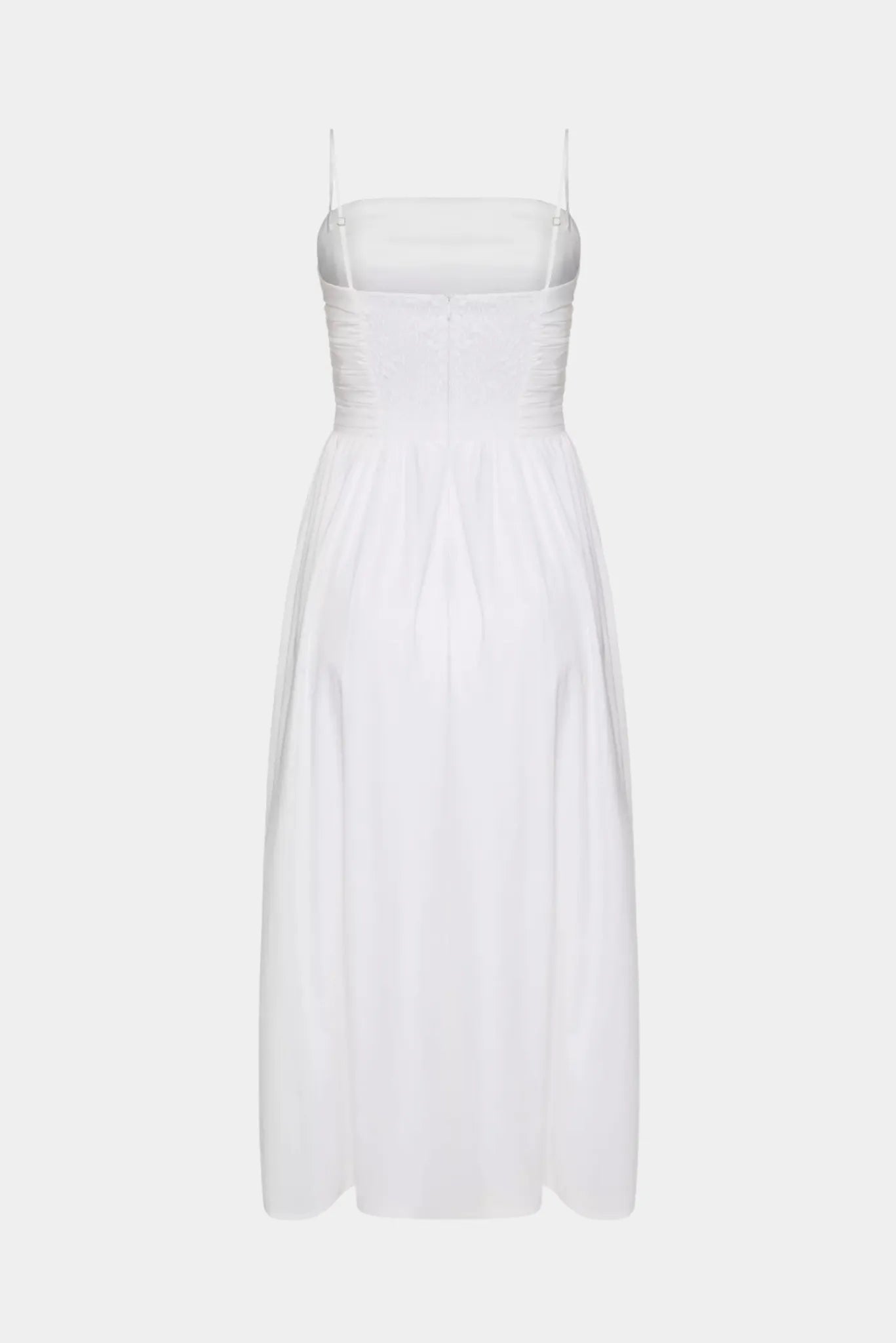 Costas de vestido midi branco com alças finas e painel lastex nas costas