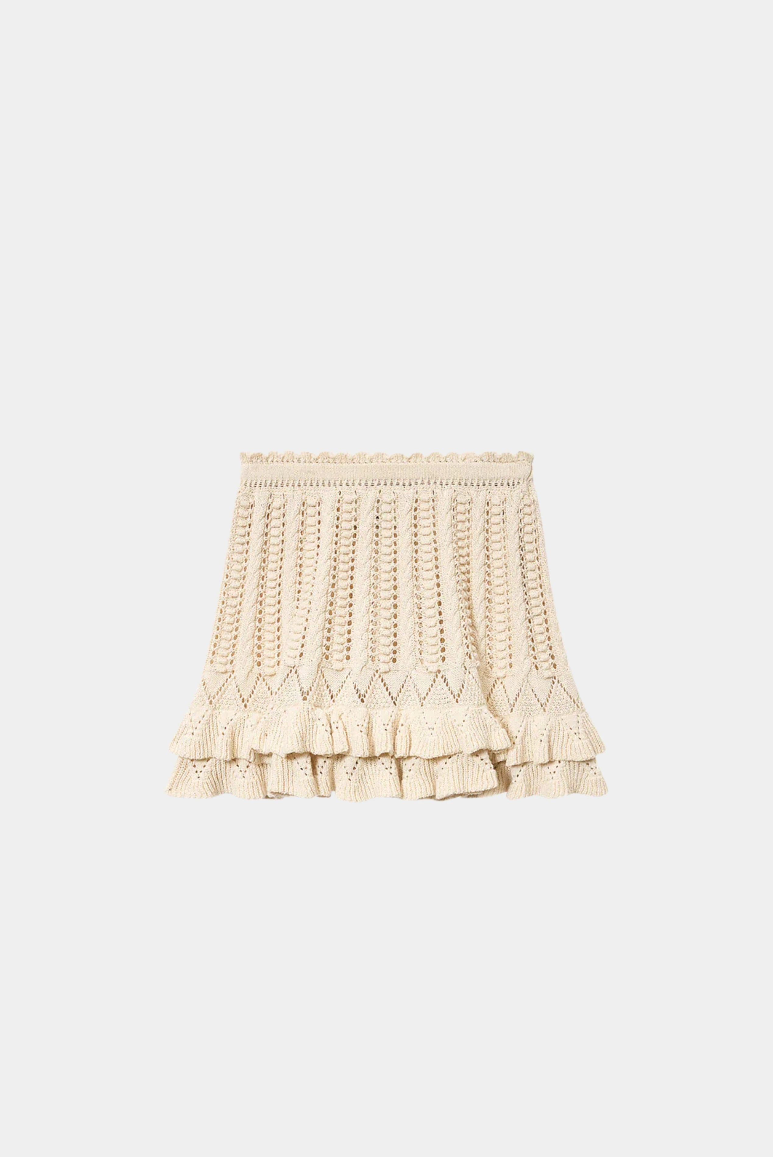 Saia curta de crochê bege Isabel Marant com trama vazada e babados na barra