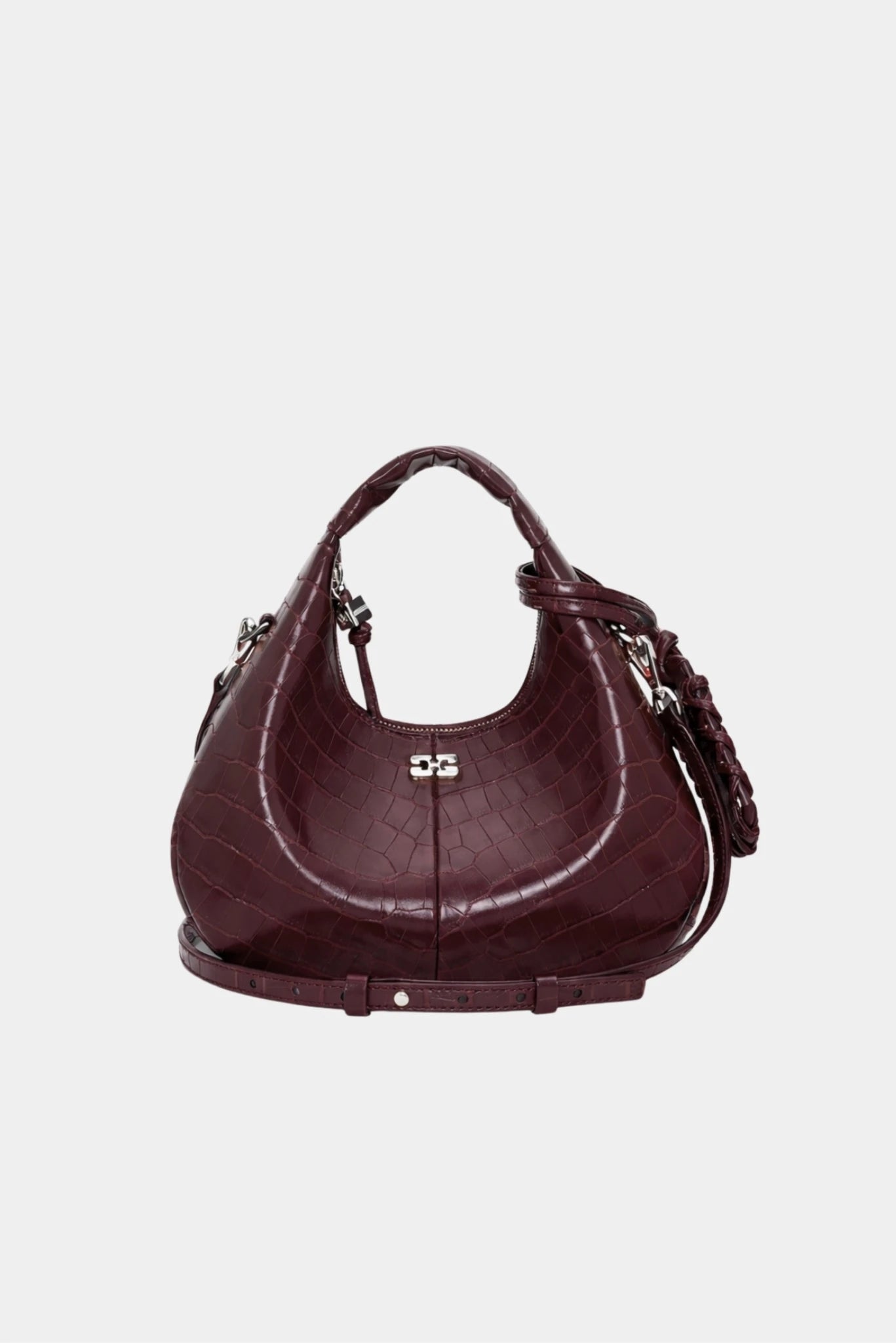 Bolsa hobo mini vinho com textura croco e logo metálico frontal Ganni