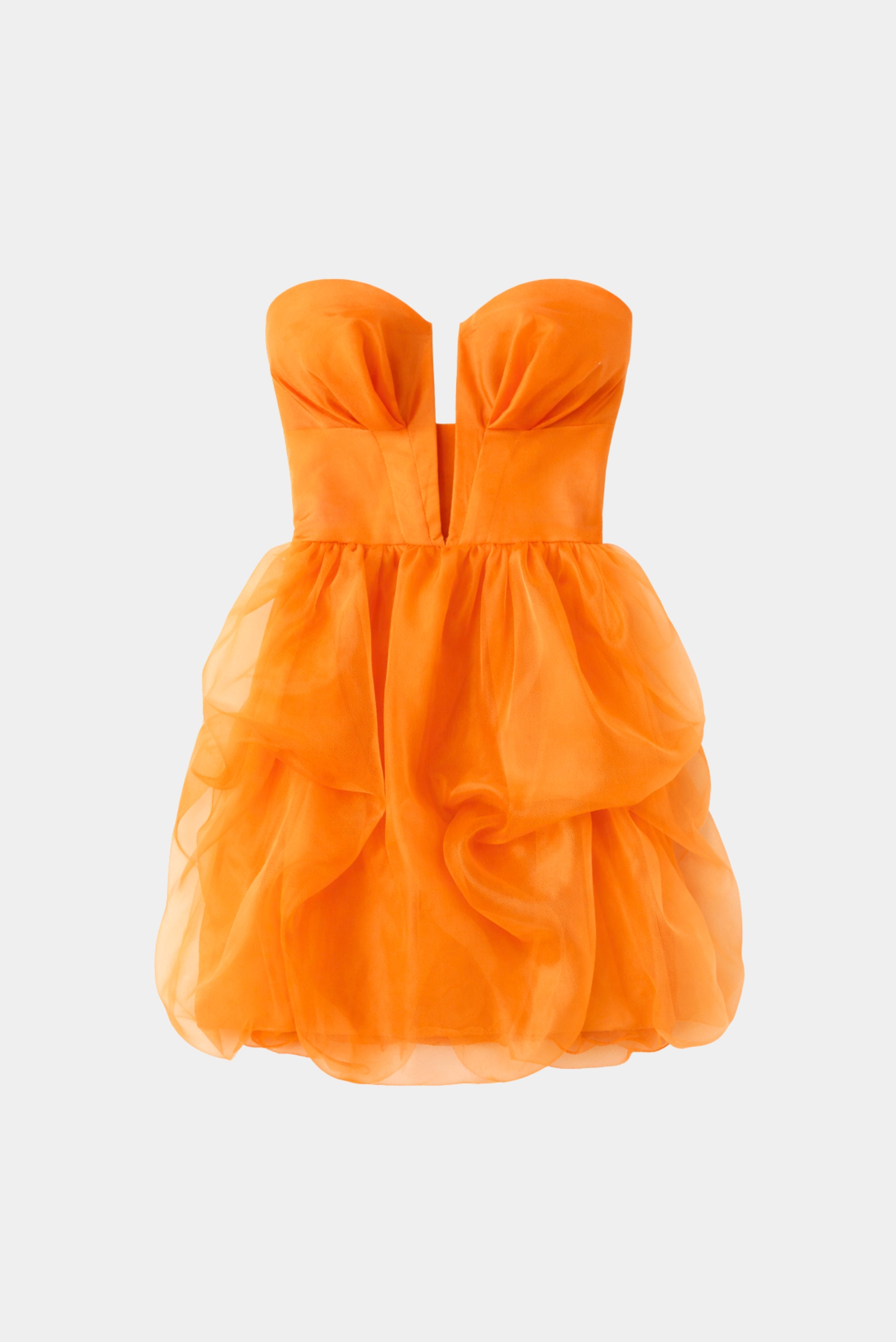 Vestido curto Paola Fabulous laranja com tomara que caia e saia volumosa em camadas