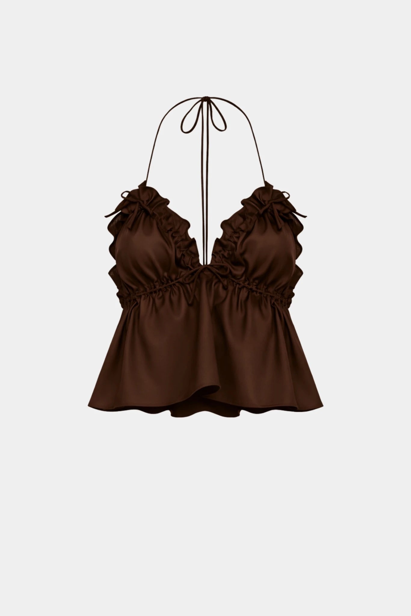 Top Gigi Tricoline MR marrom com amarração no pescoço e detalhe franzido frontal